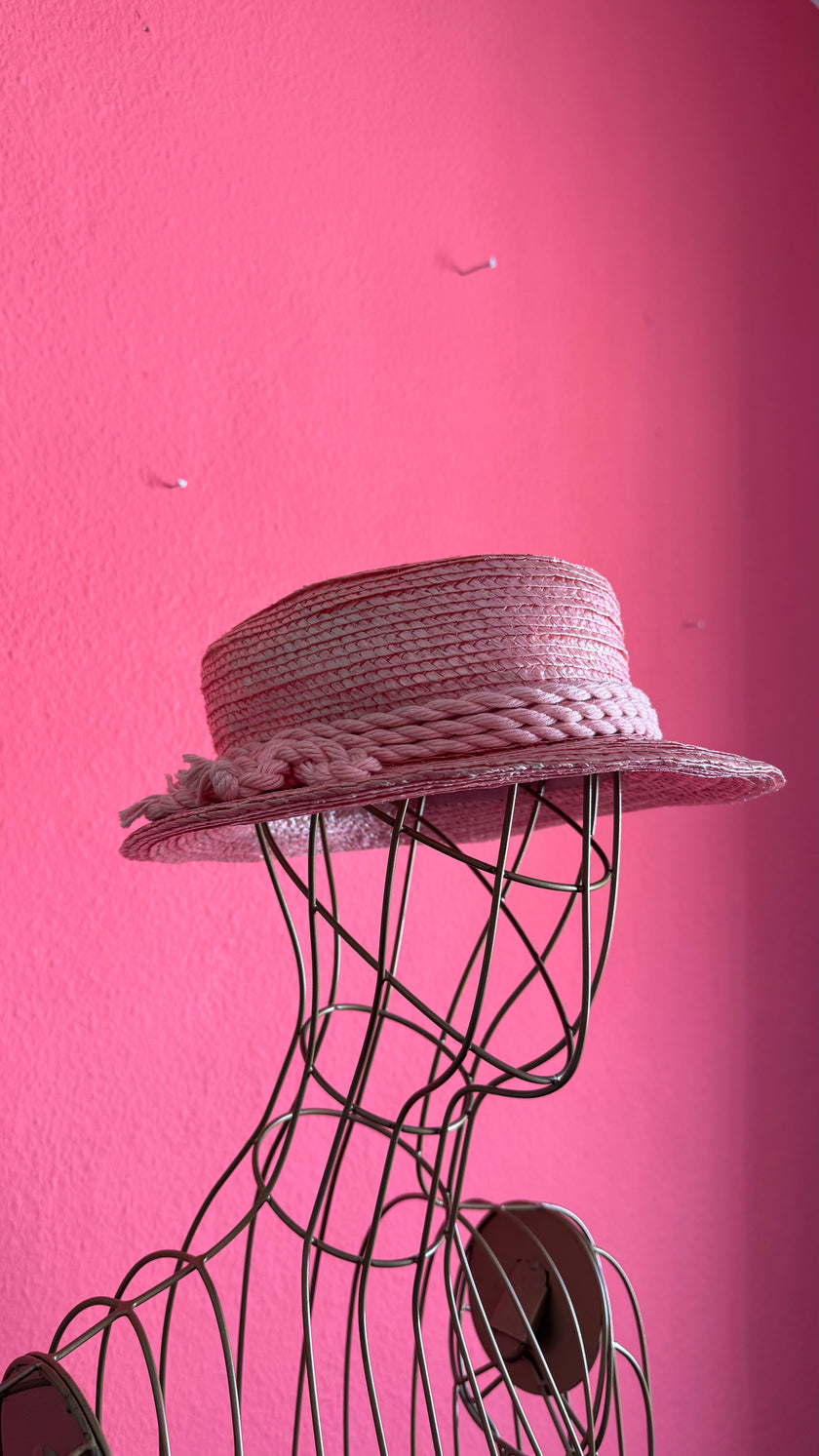 Vintage 1950s Pink Straw Hat With Floral Tassel Detail