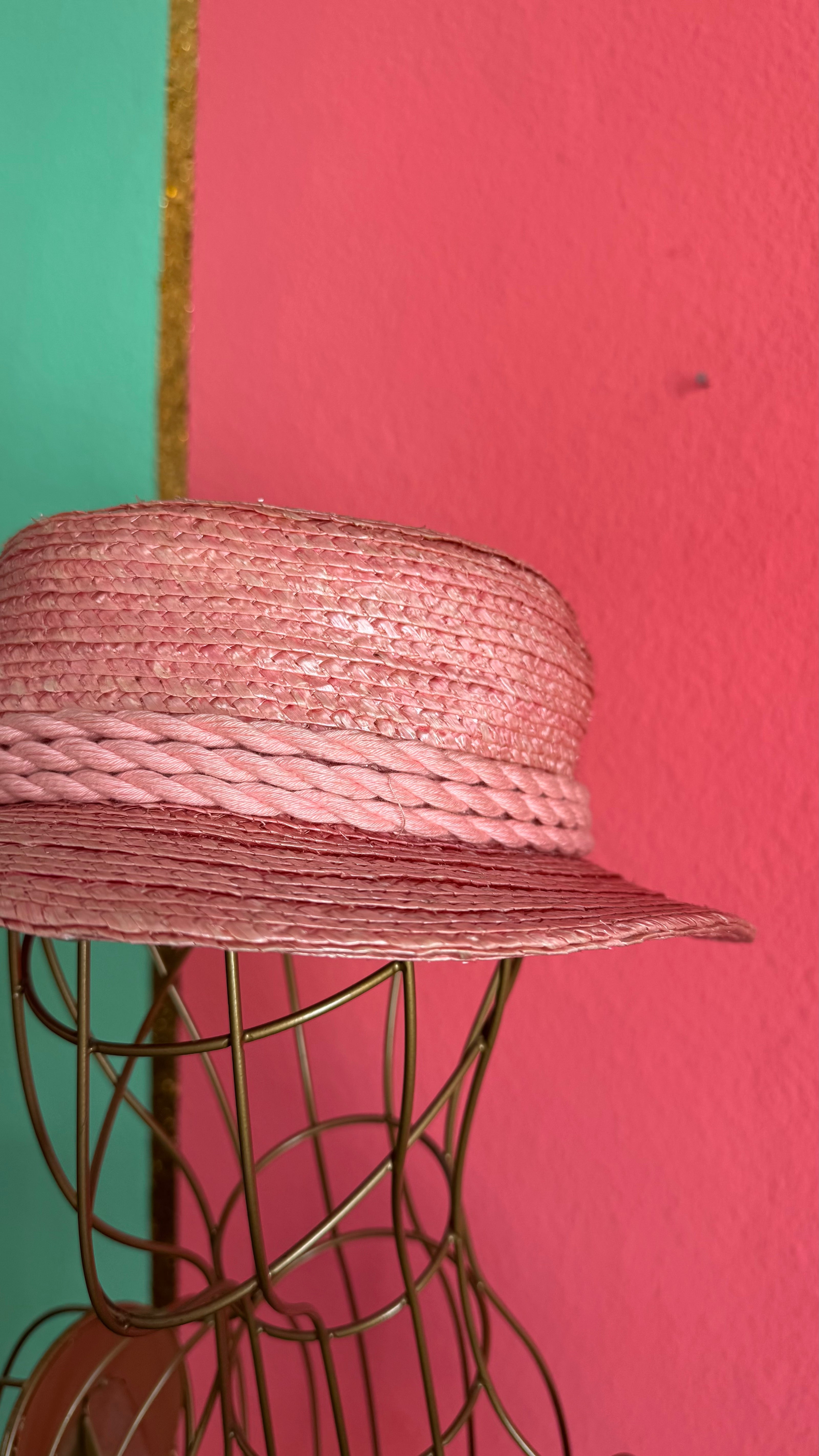Vintage 1950s Pink Straw Hat With Floral Tassel Detail