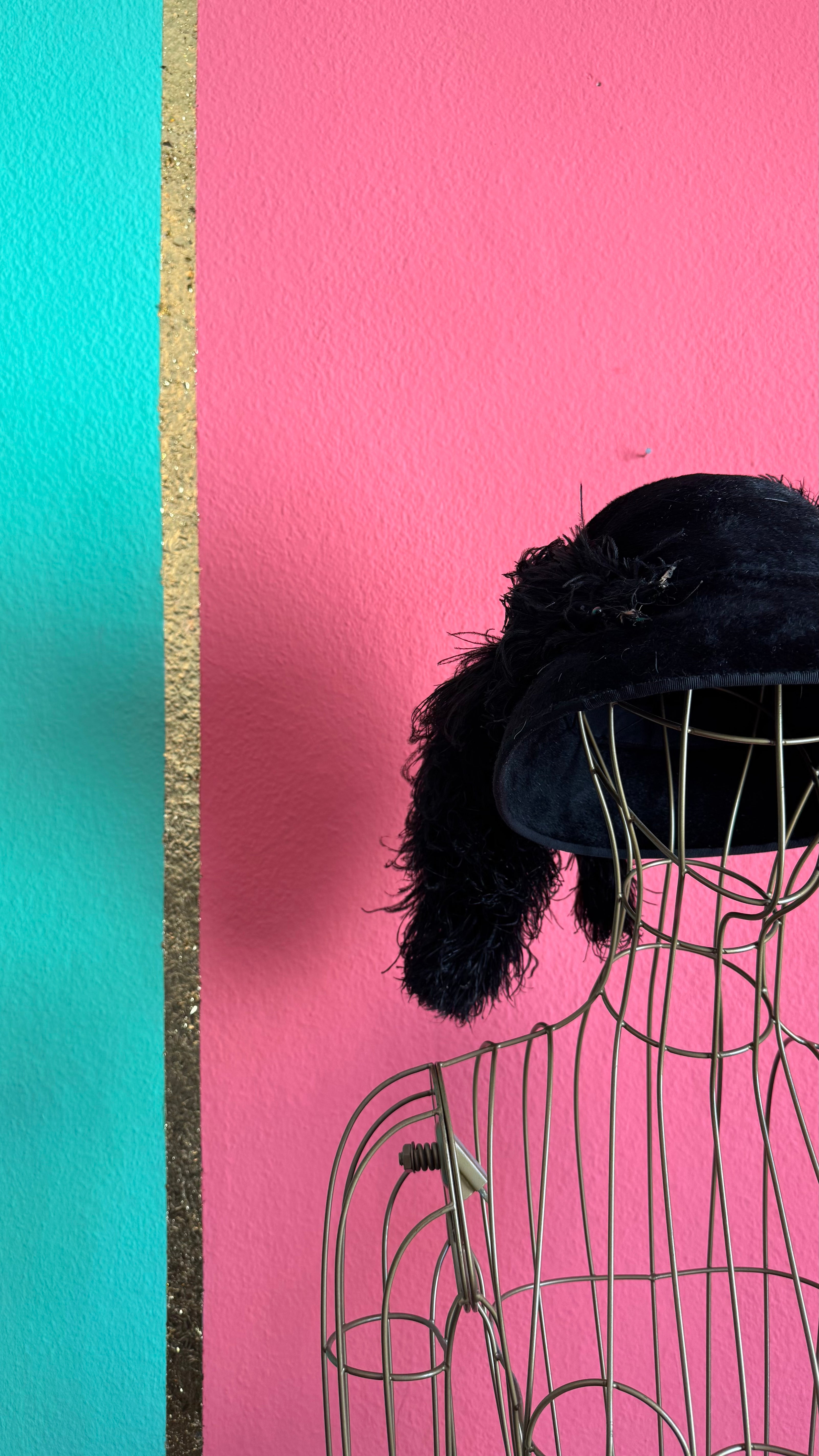 Vintage Estimated 1930s Black Velvet Cloche Hat With Feather Trim