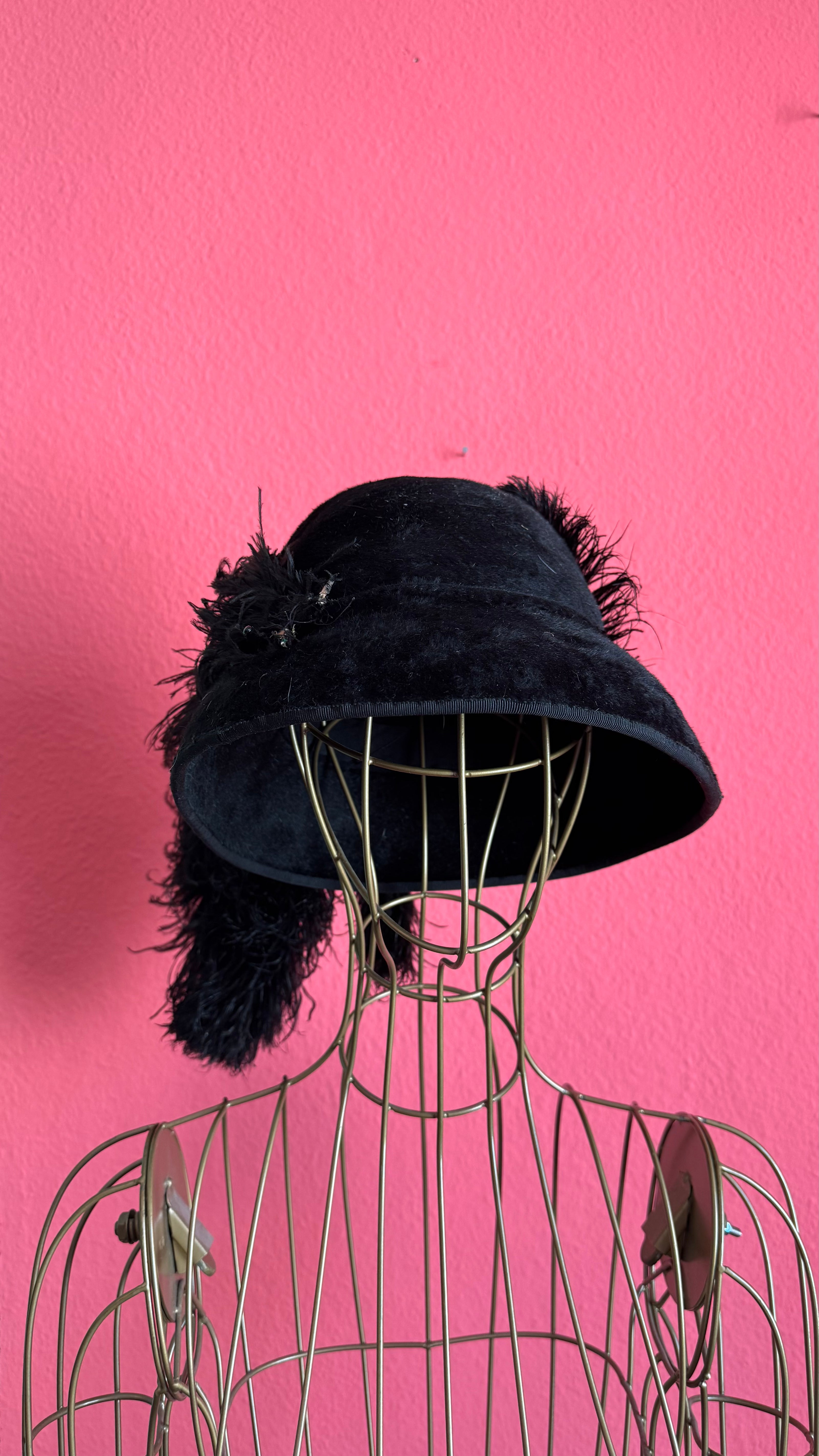 Vintage Estimated 1930s Black Velvet Cloche Hat With Feather Trim