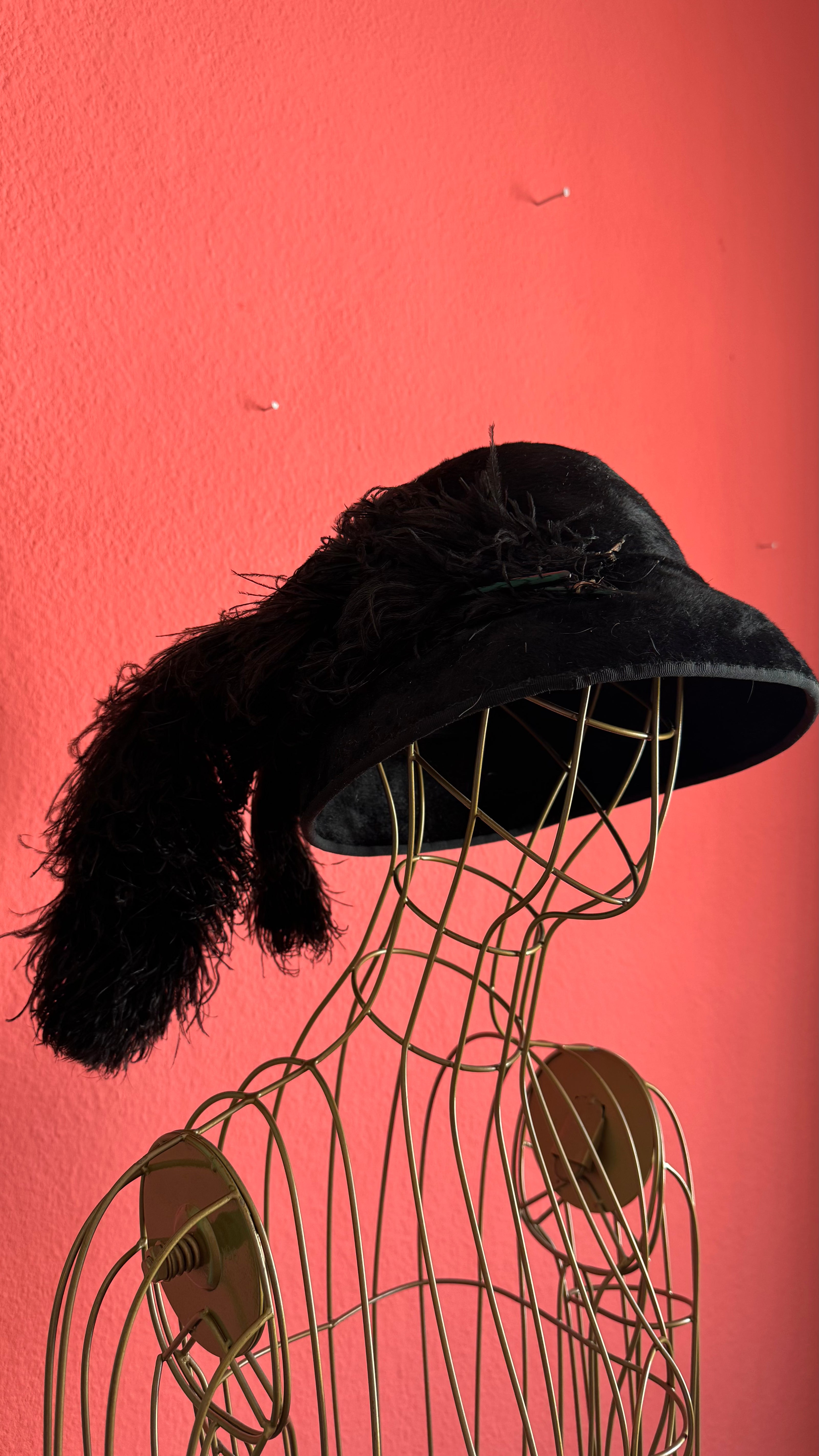 Vintage Estimated 1930s Black Velvet Cloche Hat With Feather Trim