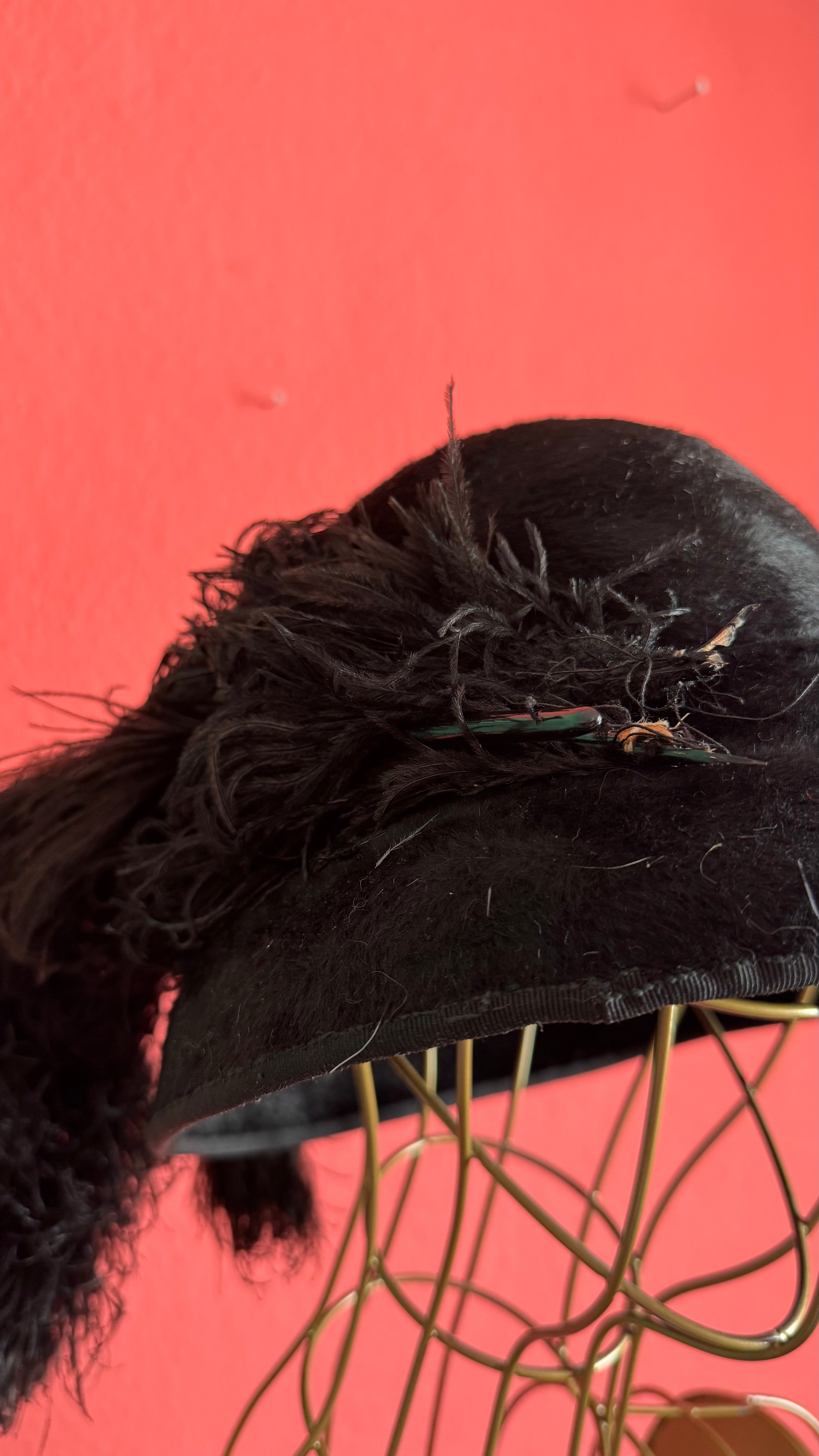 Vintage Estimated 1930s Black Velvet Cloche Hat With Feather Trim
