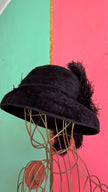 Vintage Estimated 1930s Black Velvet Cloche Hat With Feather Trim