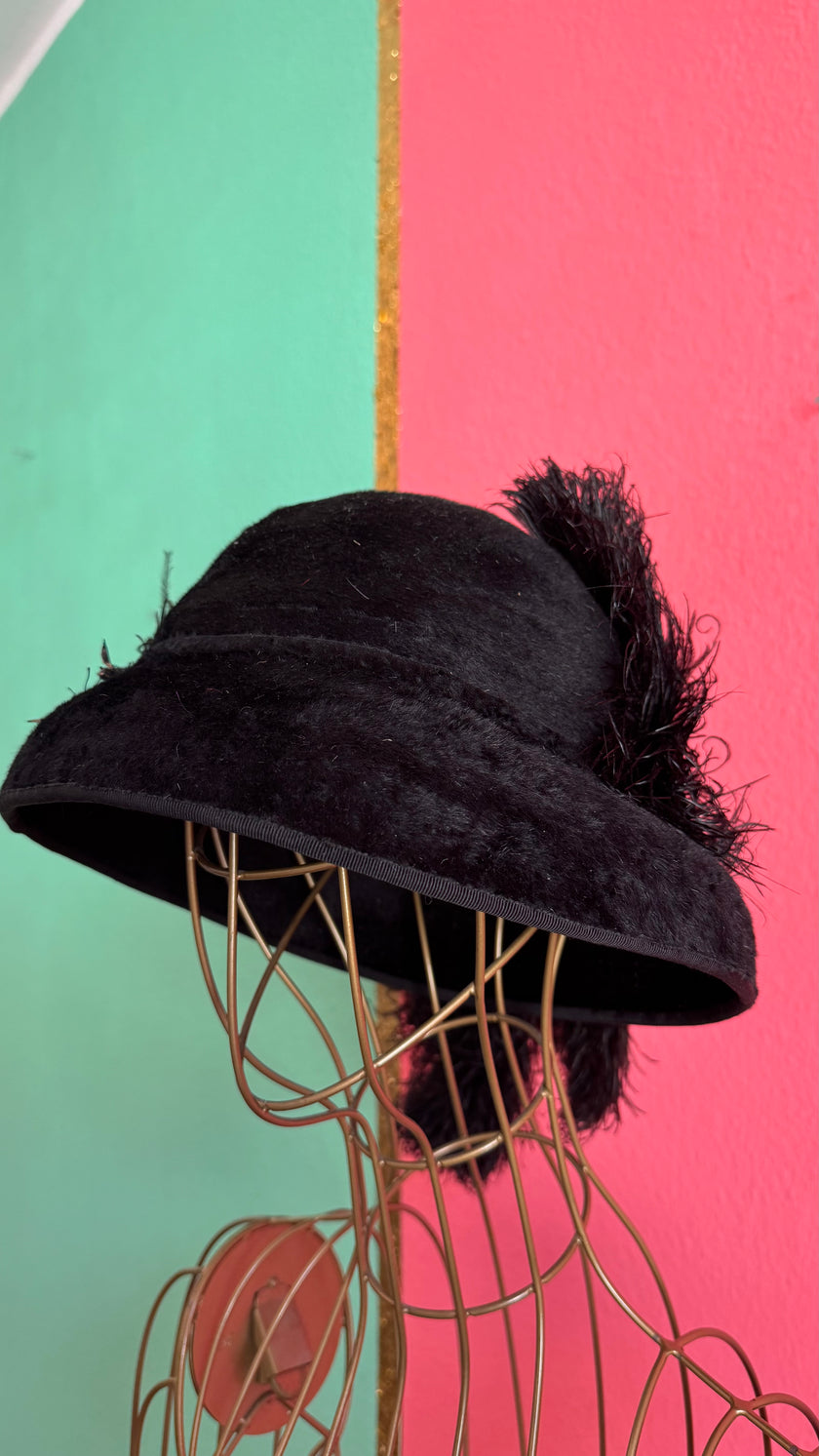 Vintage Estimated 1930s Black Velvet Cloche Hat With Feather Trim
