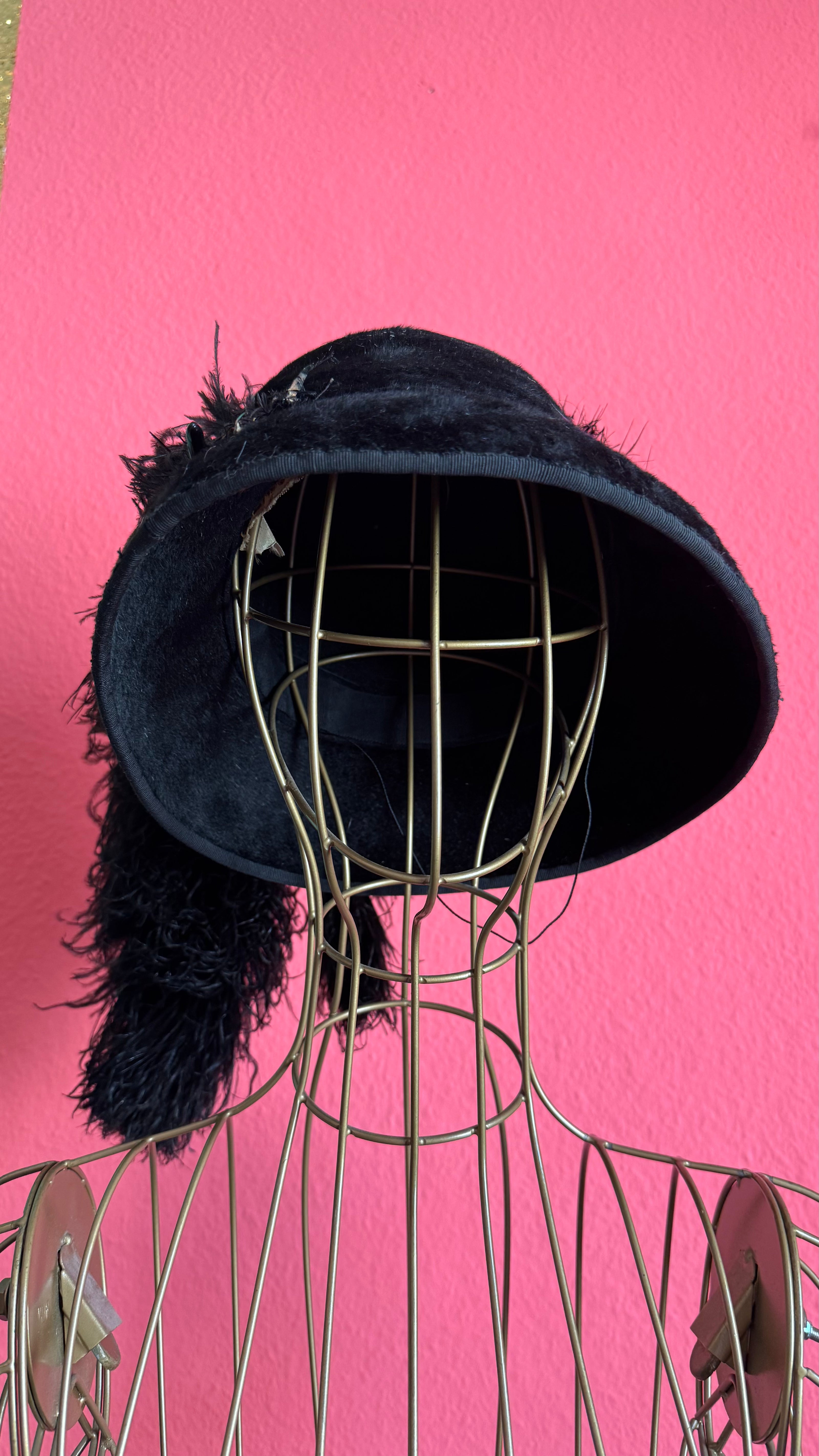 Vintage Estimated 1930s Black Velvet Cloche Hat With Feather Trim