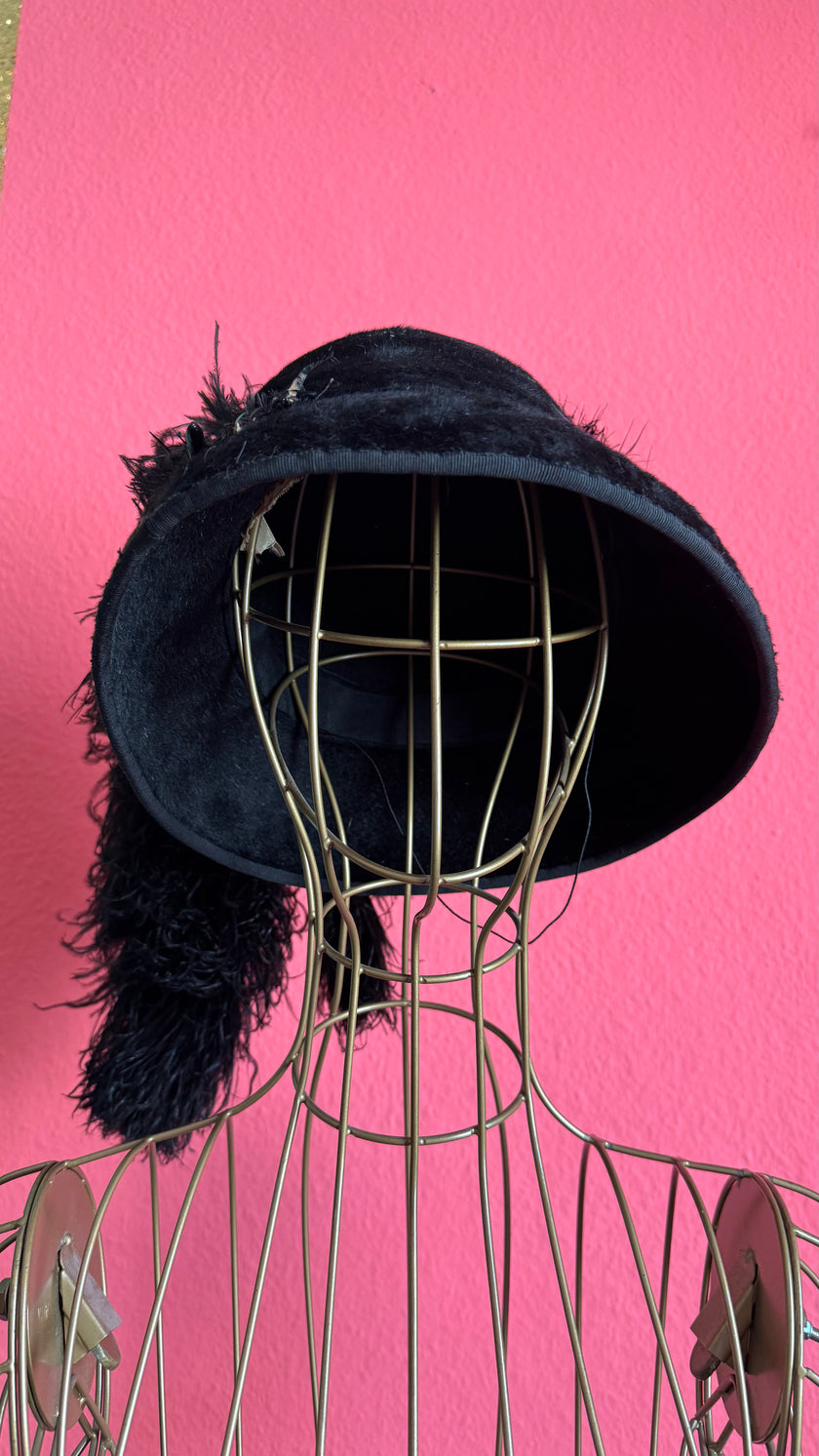 Vintage Estimated 1930s Black Velvet Cloche Hat With Feather Trim