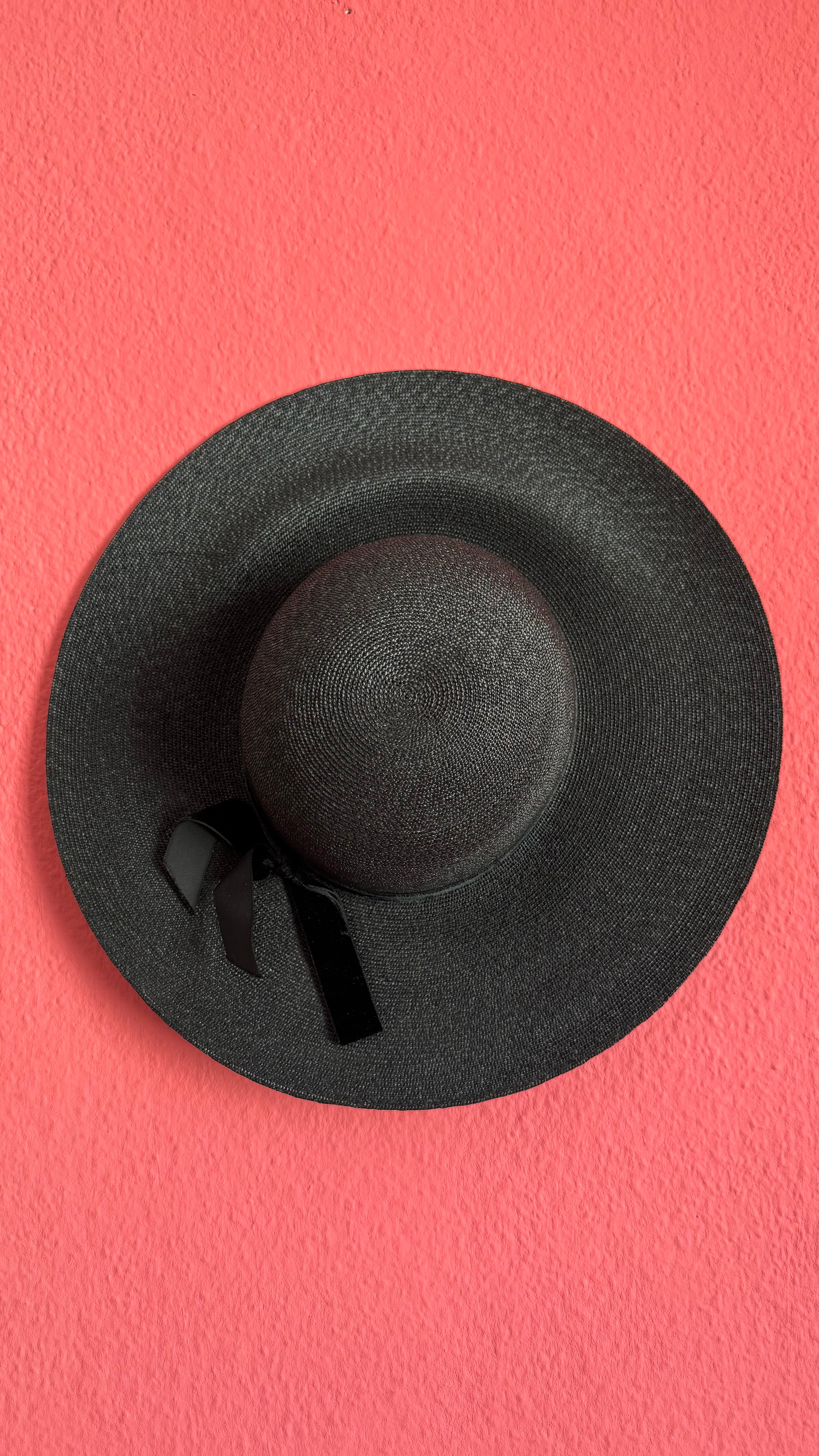 Vintage 1990s Black Wide Brim Straw Hat With Velvet Bow