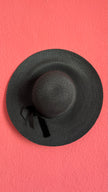 Vintage 1990s Black Wide Brim Straw Hat With Velvet Bow