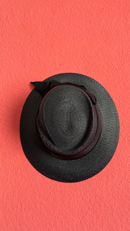 Vintage 1940s Black Straw Hat With Grosgrain Ribbon Bow