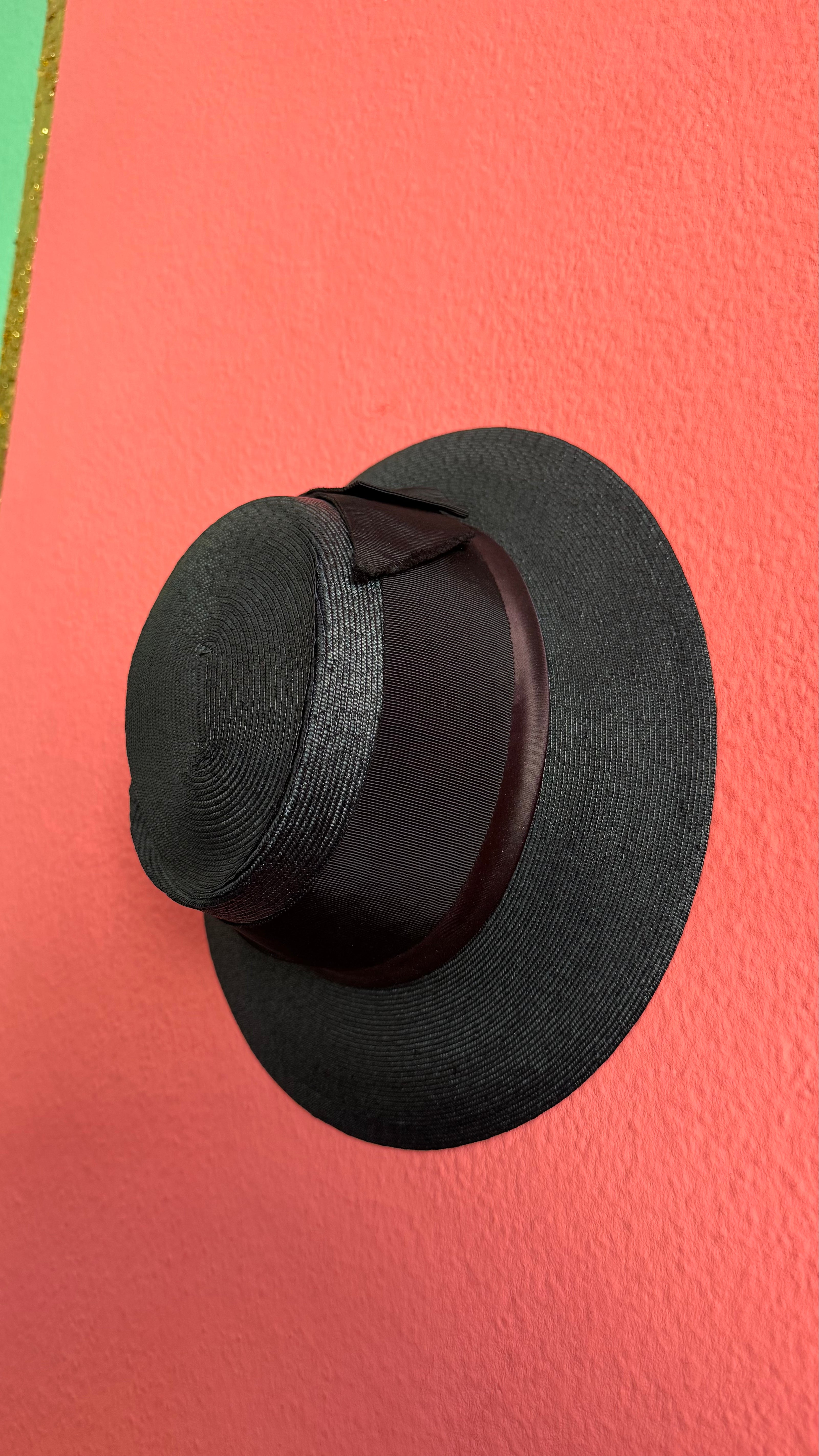Vintage 1940s Black Straw Hat With Grosgrain Ribbon Bow