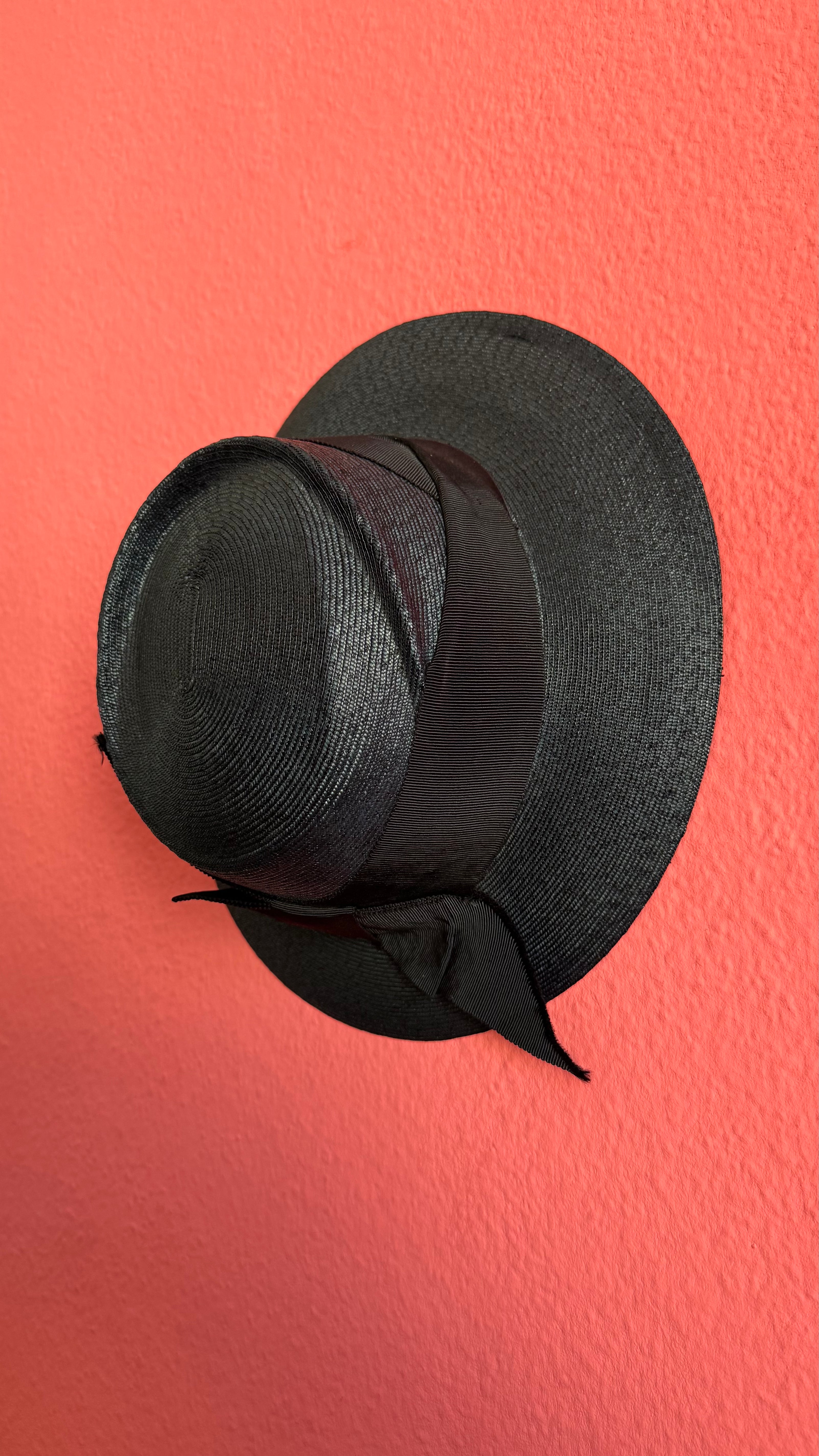 Vintage 1940s Black Straw Hat With Grosgrain Ribbon Bow