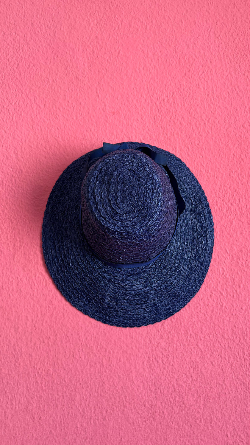 Vintage 1950s Navy Blue Straw Hat With Ribbon Bow