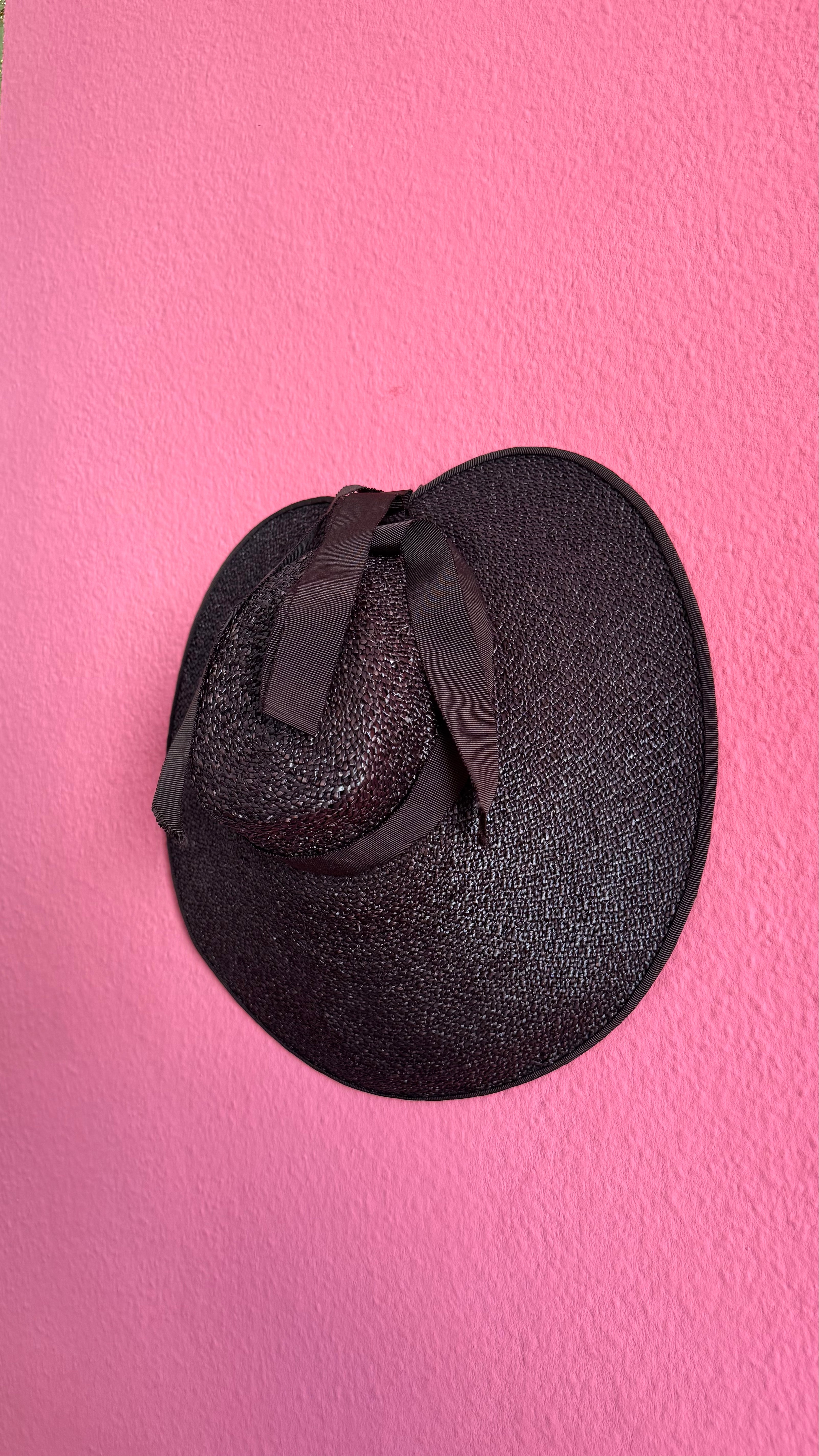 Vintage 1940s Black Straw Sun Hat With Ribbon Bow