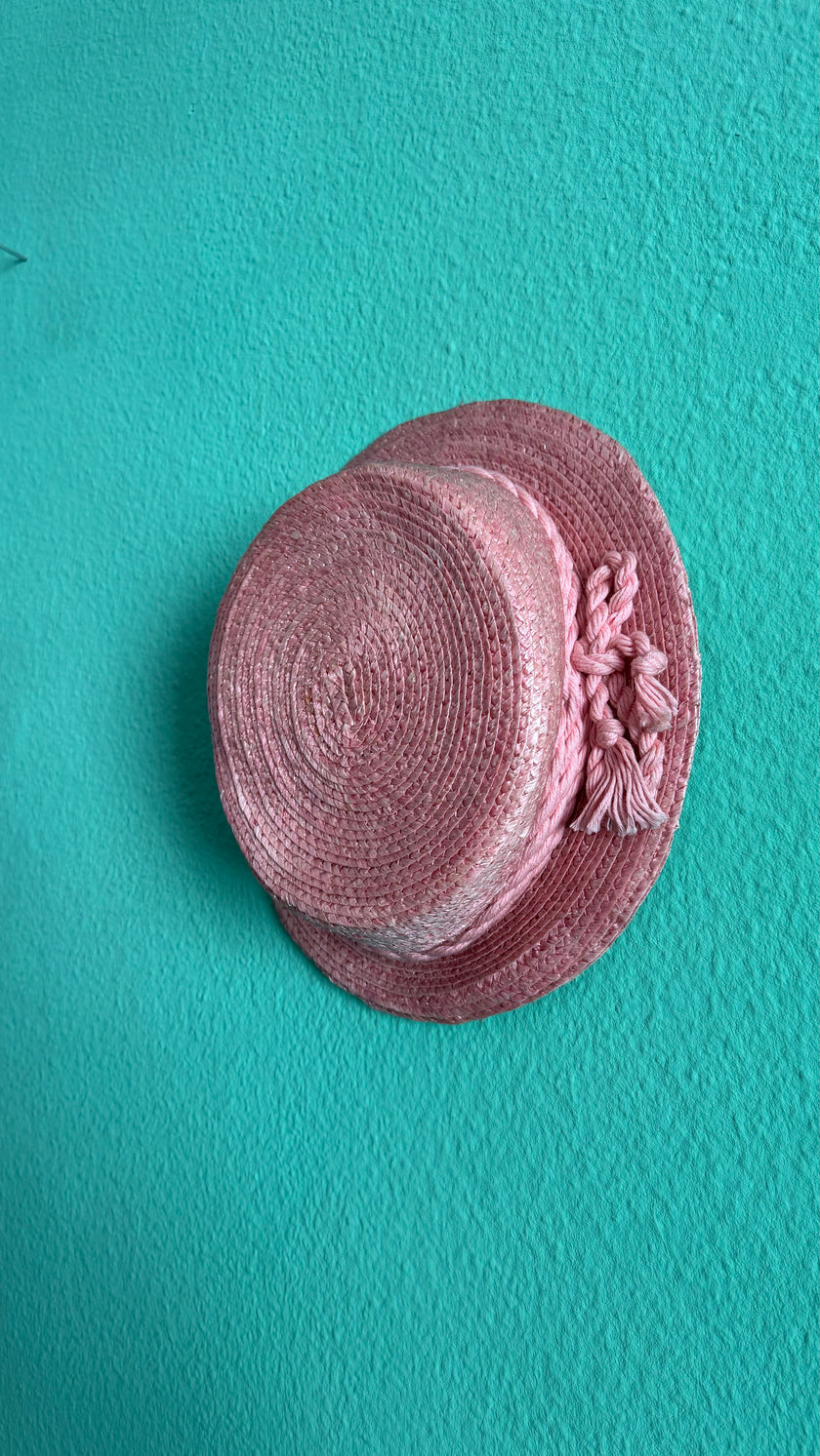 Vintage 1950s Pink Straw Hat With Floral Tassel Detail