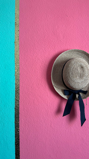 Vintage 1990s Kaminski Natural Straw Hat With Navy Ribbon