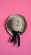 Vintage 1990s Kaminski Natural Straw Hat With Navy Ribbon