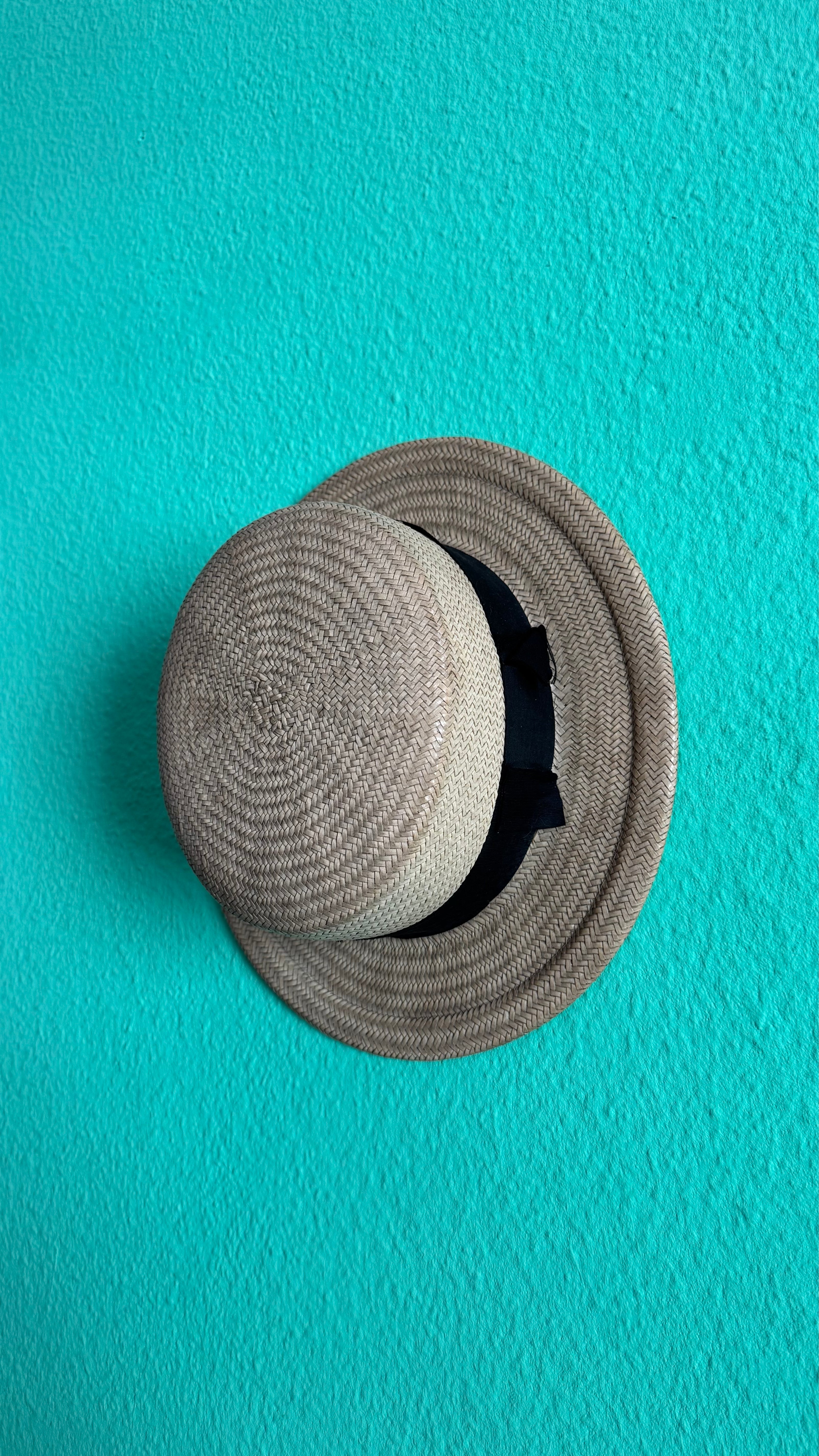 Vintage 1920s Straw Hat With Black Ribbon Trim