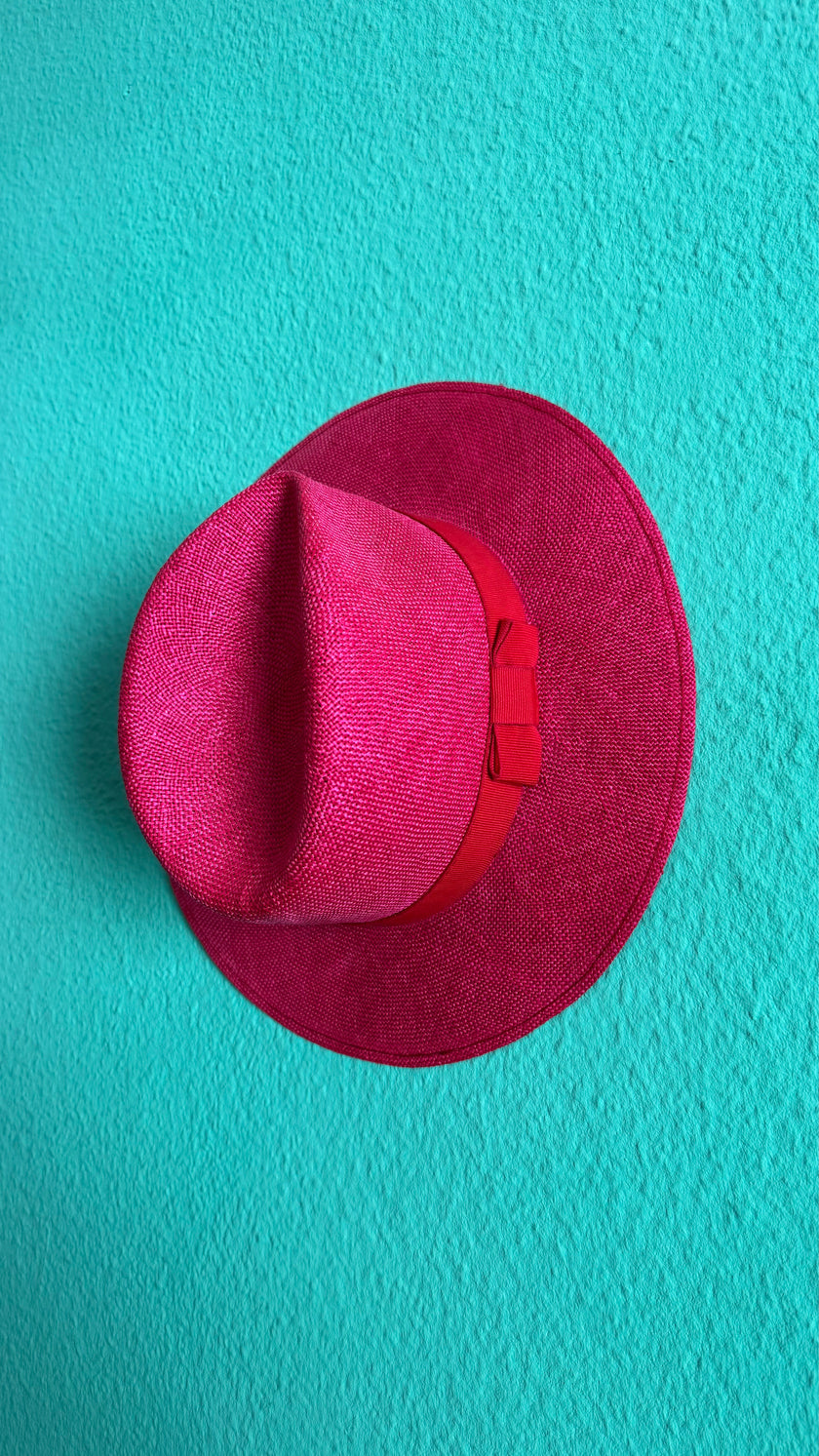 Vintage 1980s Fuchsia Wide Brim Straw Fedora Hat
