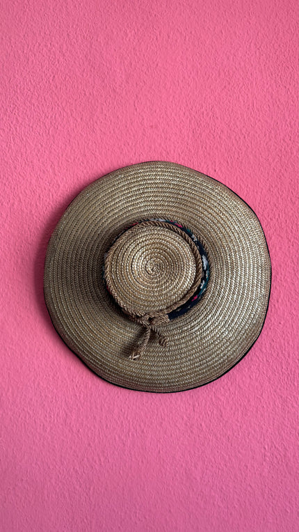 Vintage 1940s Natural Straw Wide Brim Hat With Embroidered Crown
