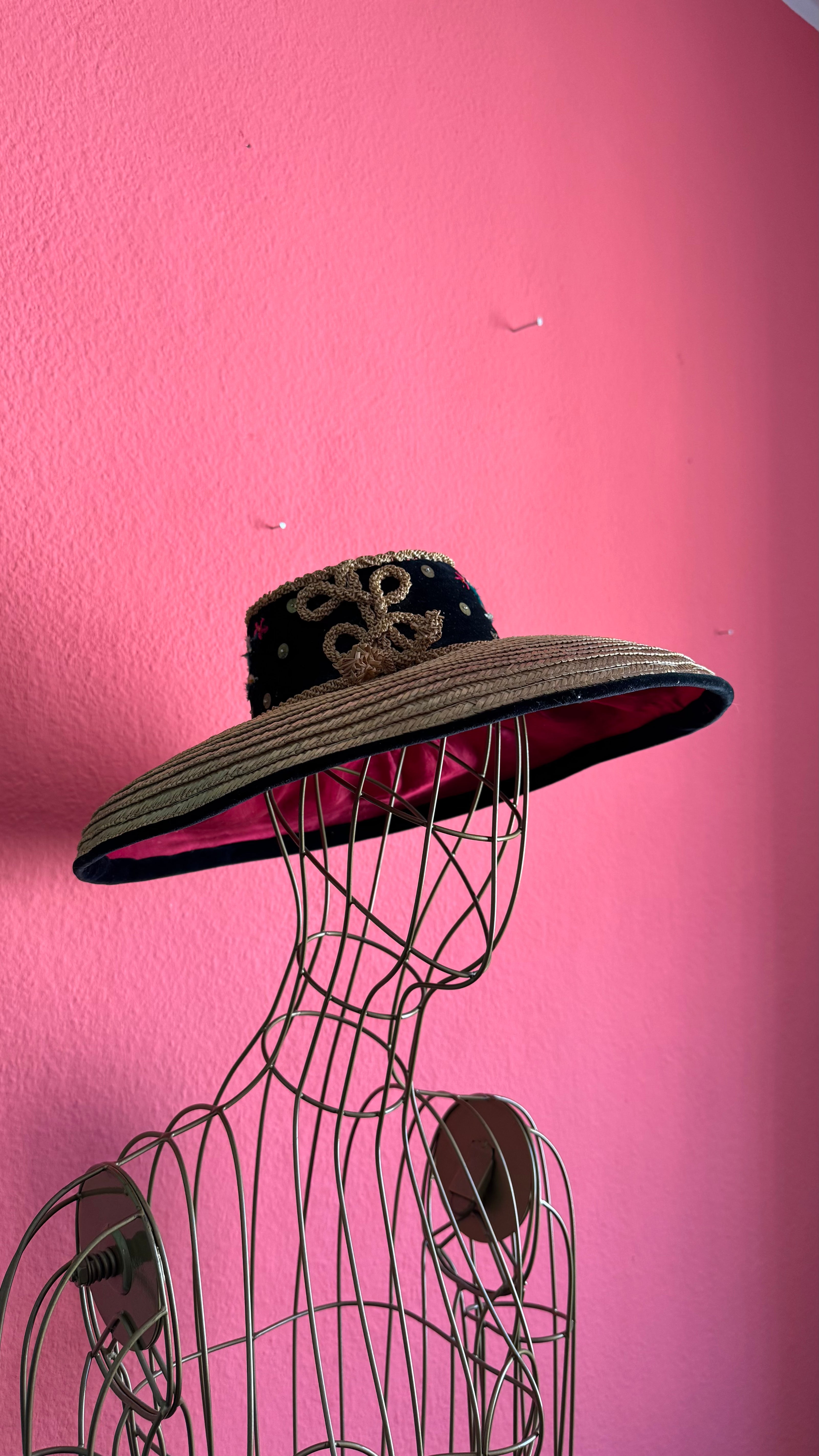 Vintage 1940s Natural Straw Wide Brim Hat With Embroidered Crown