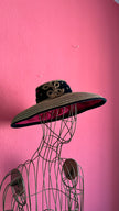 Vintage 1940s Natural Straw Wide Brim Hat With Embroidered Crown