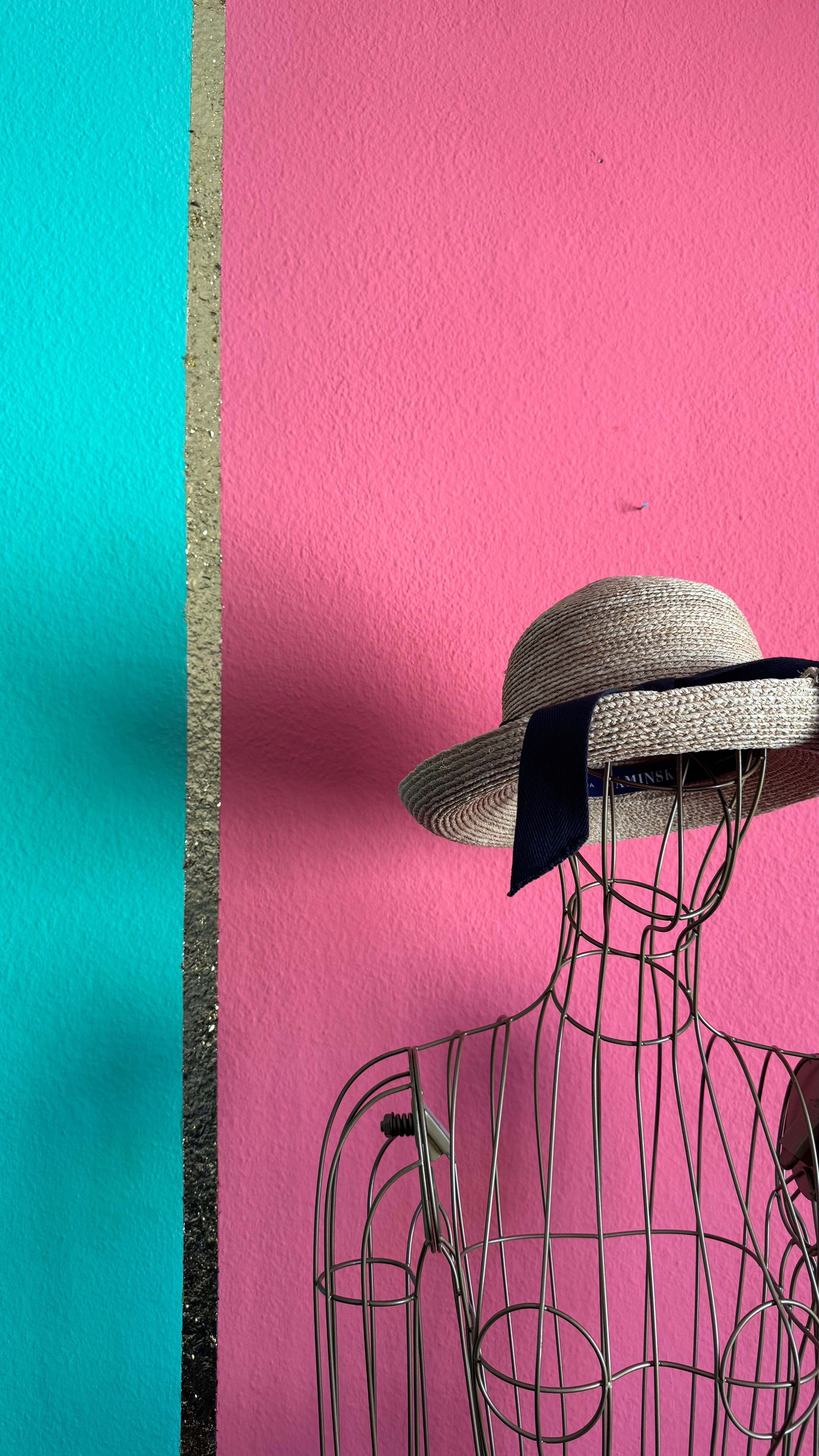Vintage 1990s Kaminski Natural Straw Hat With Navy Ribbon