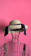 Vintage 1990s Kaminski Natural Straw Hat With Navy Ribbon