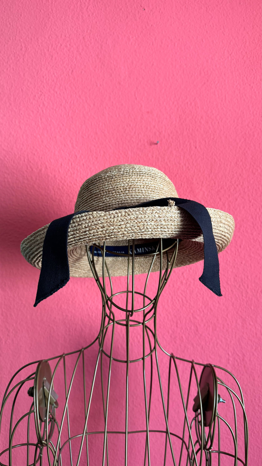 Vintage 1990s Kaminski Natural Straw Hat With Navy Ribbon
