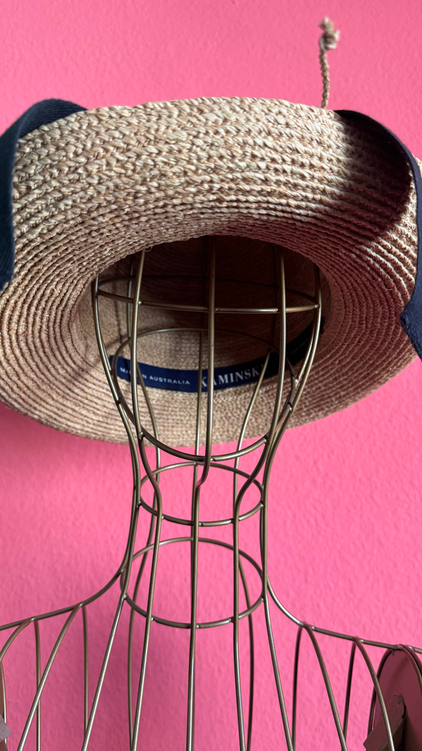 Vintage 1990s Kaminski Natural Straw Hat With Navy Ribbon