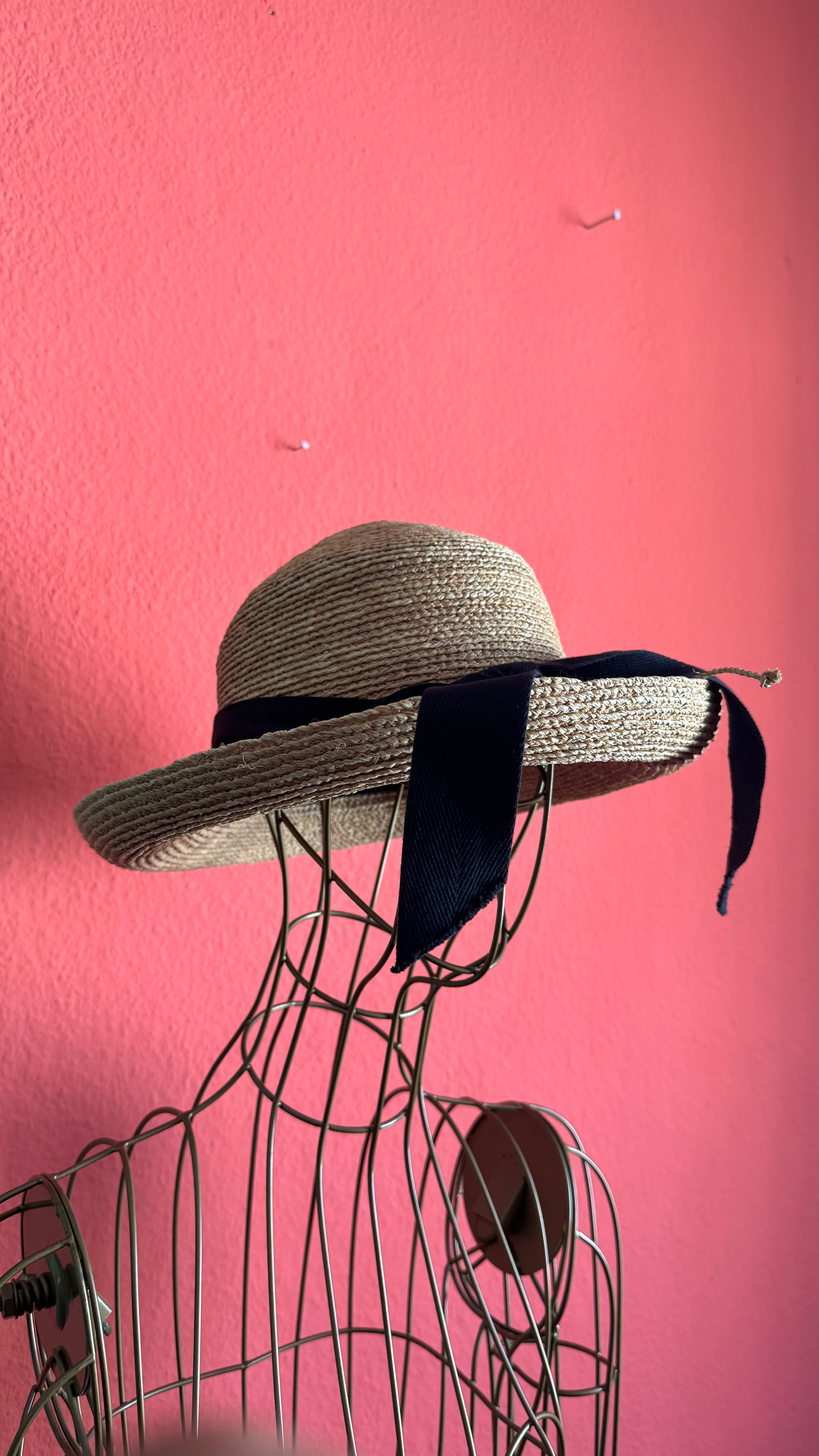 Vintage 1990s Kaminski Natural Straw Hat With Navy Ribbon