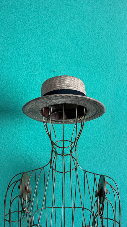 Vintage Estimated 1980s Natural Straw Wide-Brim Hat With Black Ribbon