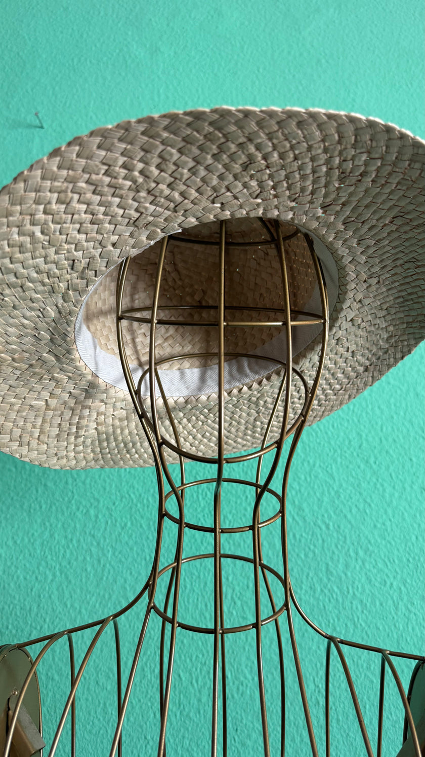 Vintage Estimated 1980s Natural Straw Wide-Brim Hat With Black Ribbon
