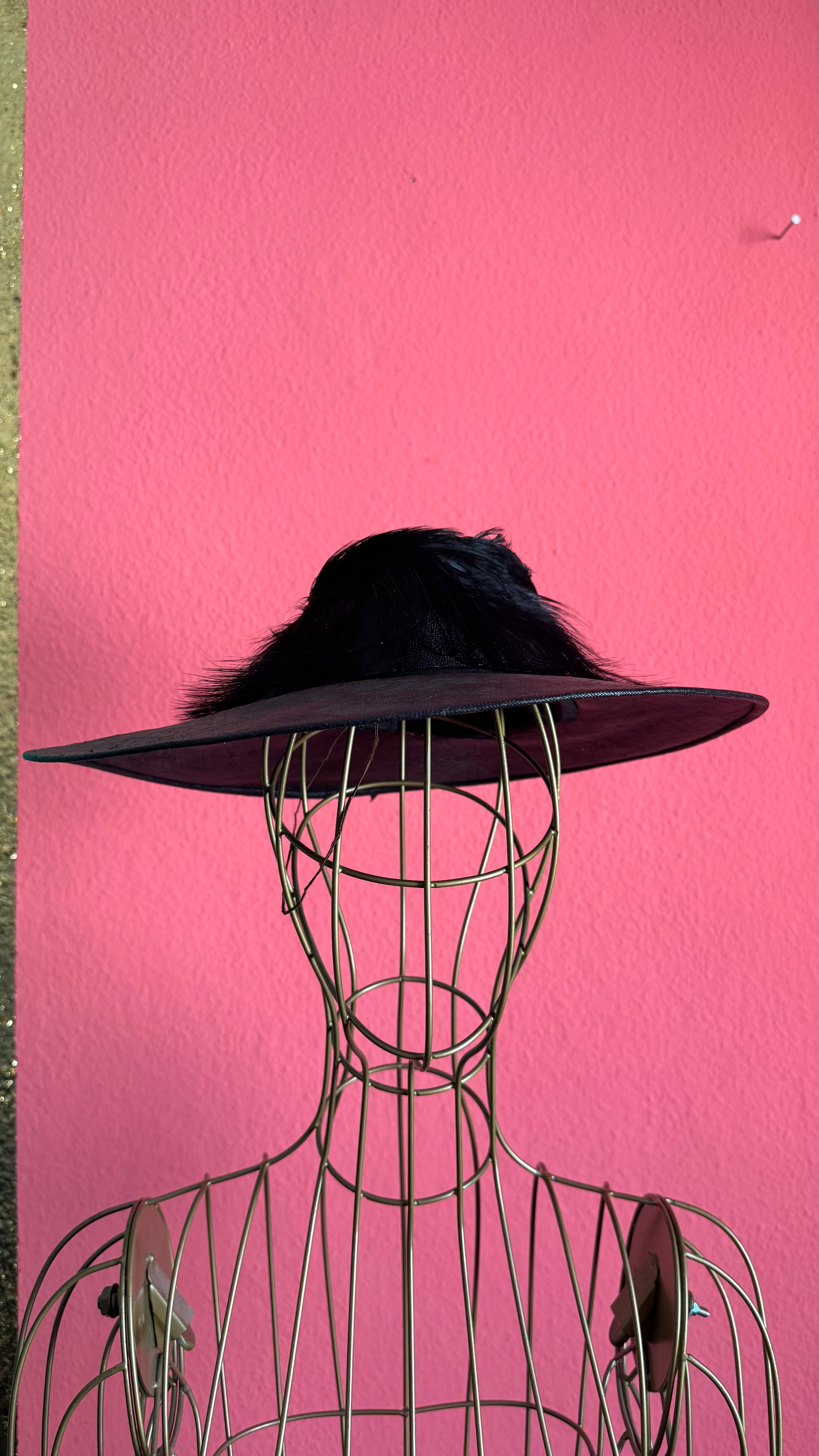 Vintage Estimated 1940s–1950s Black Wide-Brim Hat With Feather Trim