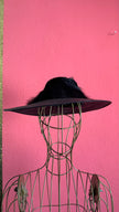 Vintage Estimated 1940s–1950s Black Wide-Brim Hat With Feather Trim