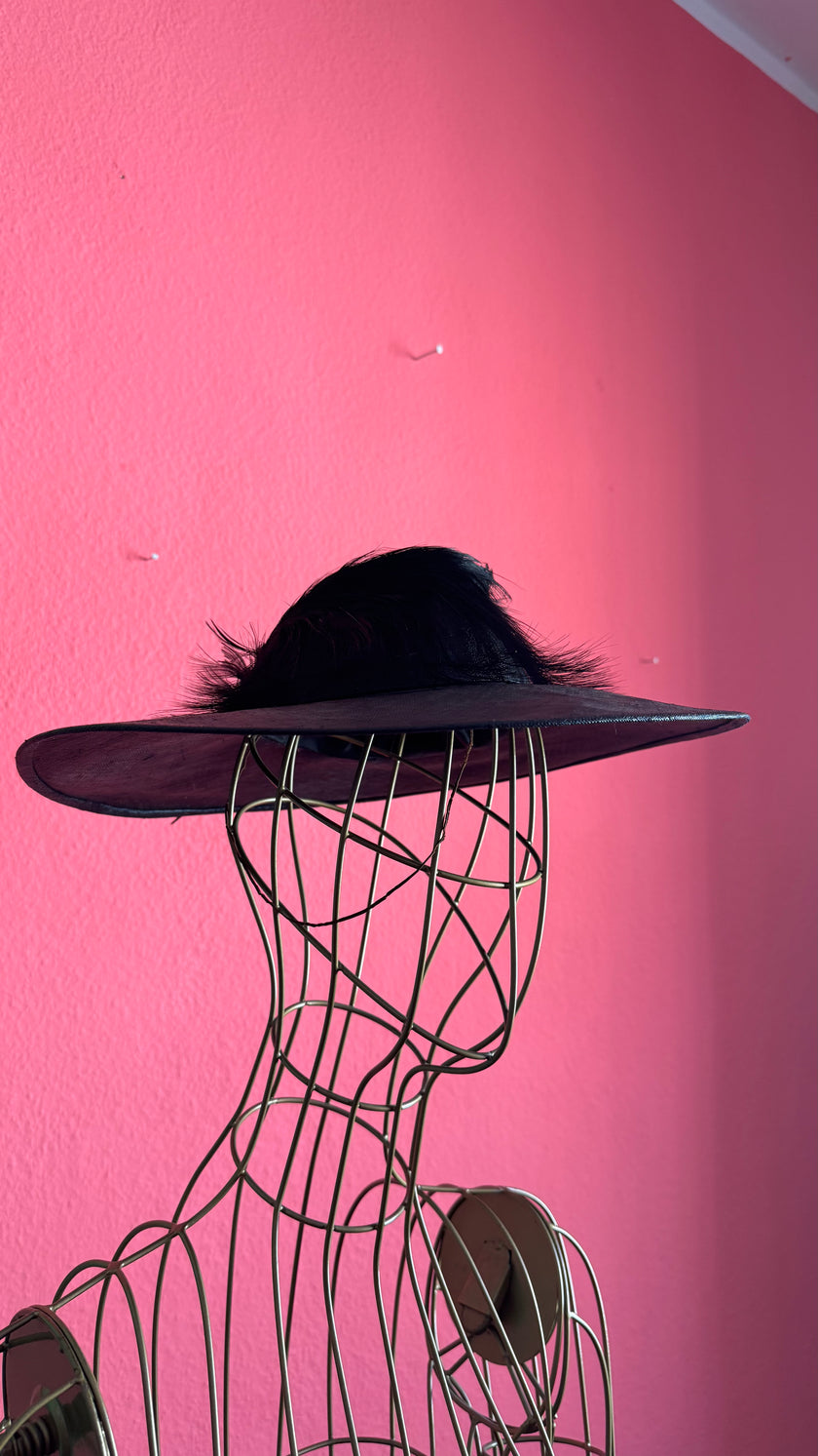 Vintage Estimated 1940s–1950s Black Wide-Brim Hat With Feather Trim