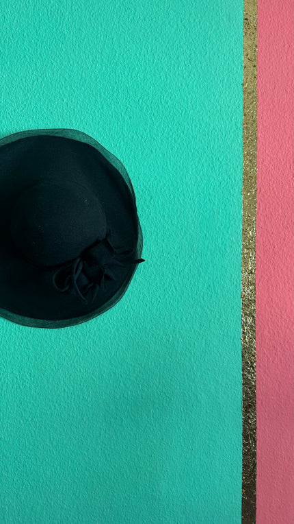Vintage Estimated 1940s Black Wide-Brim Hat With Floral Appliqué