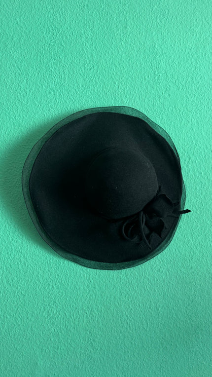 Vintage Estimated 1940s Black Wide-Brim Hat With Floral Appliqué