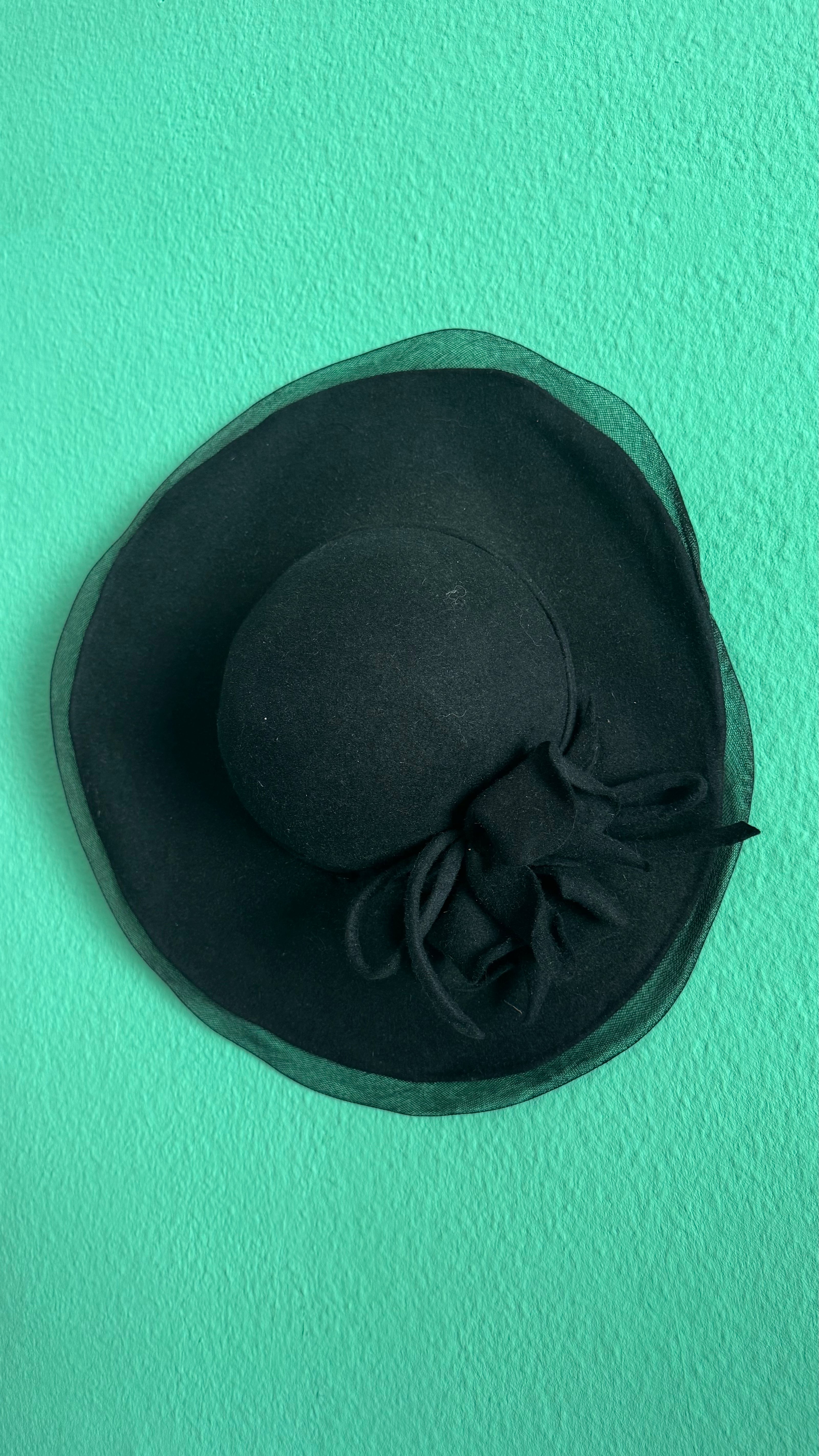 Vintage Estimated 1940s Black Wide-Brim Hat With Floral Appliqué