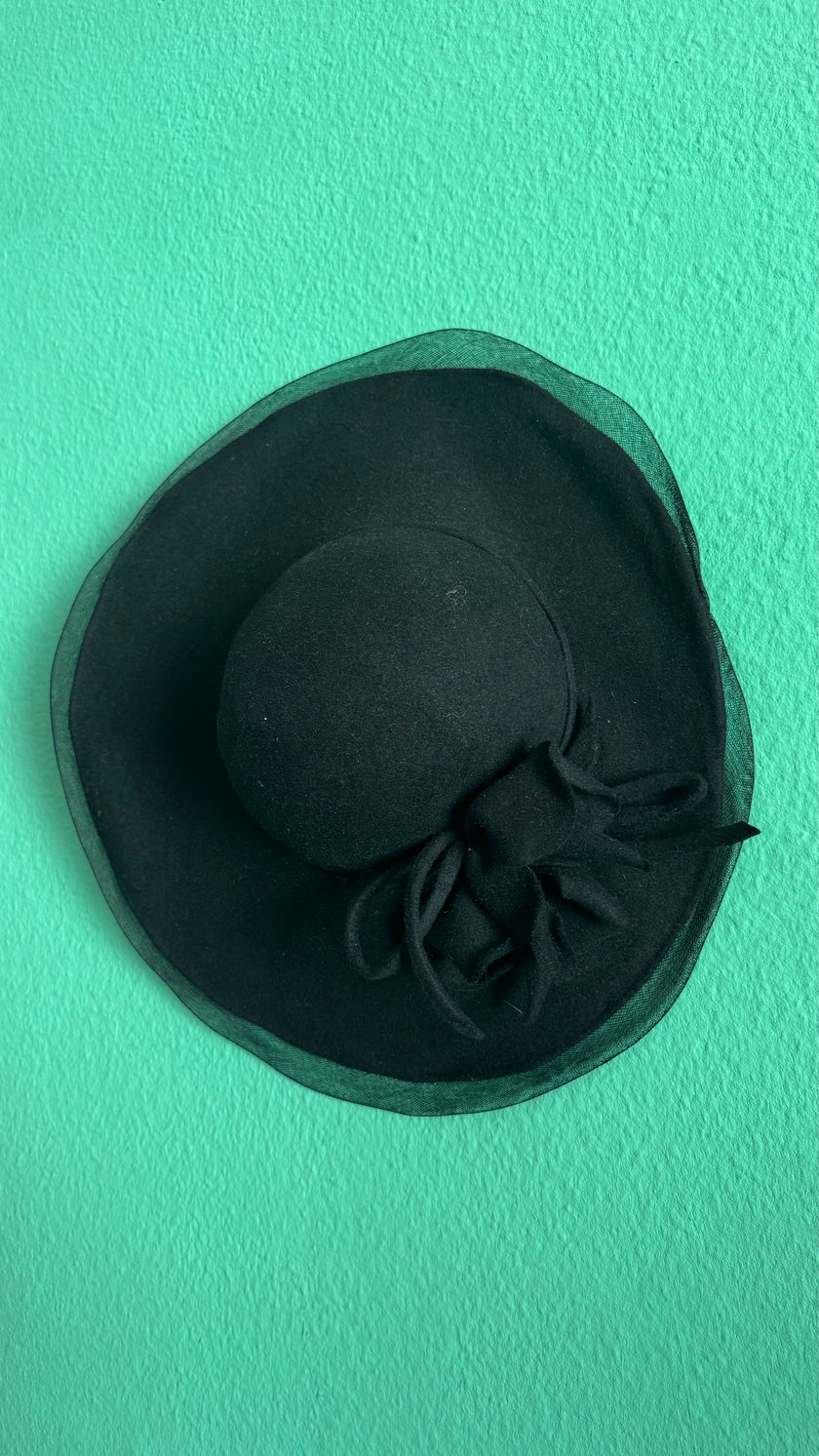 Vintage Estimated 1940s Black Wide-Brim Hat With Floral Appliqué