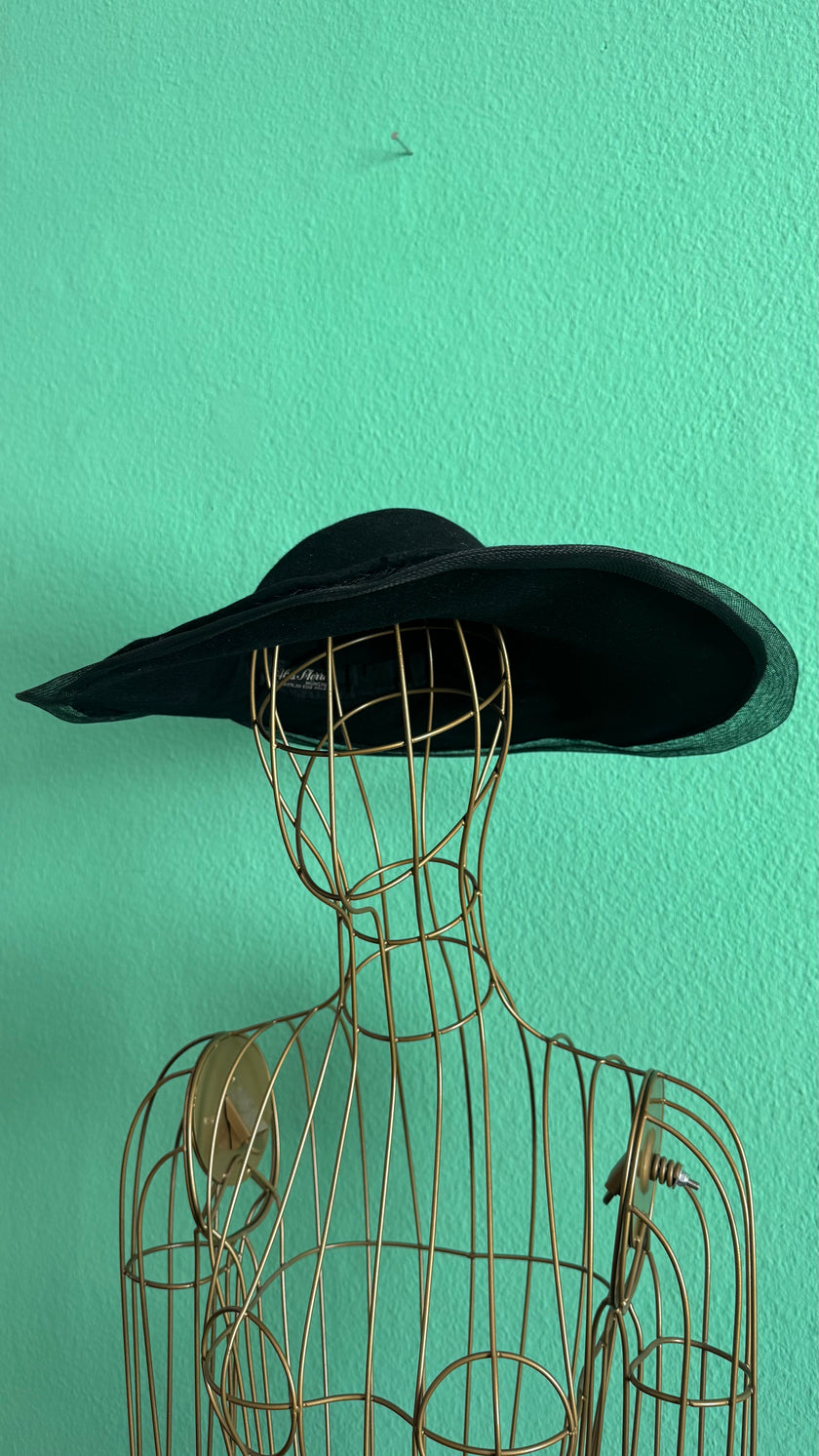 Vintage Estimated 1940s Black Wide-Brim Hat With Floral Appliqué