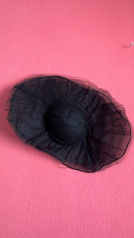 Vintage Estimated 1940s–1950s Black Tulle Wide-Brim Picture Hat