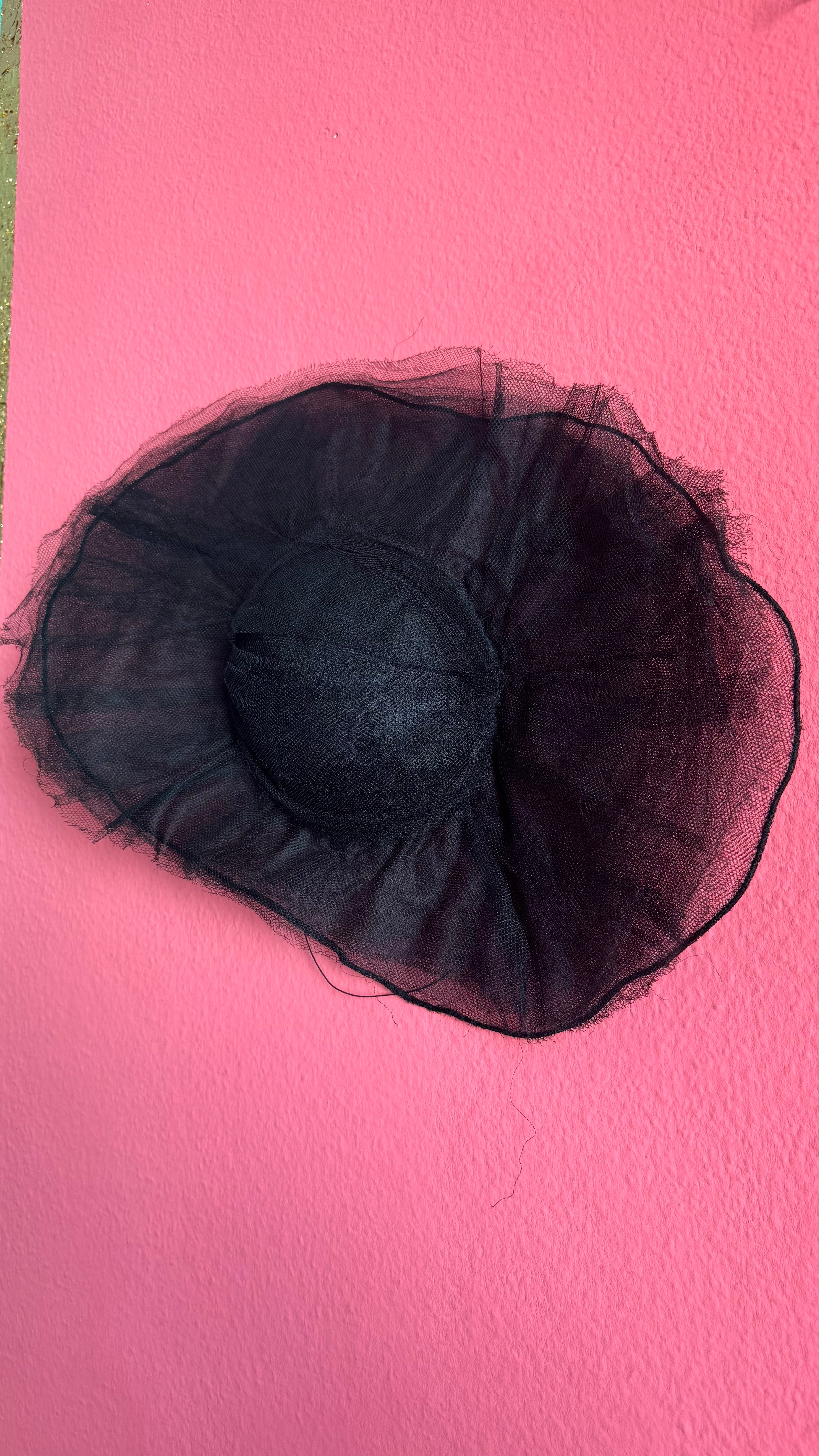 Vintage Estimated 1940s–1950s Black Tulle Wide-Brim Picture Hat