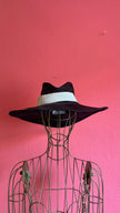 Vintage 1980s Black Wide Brim Straw Hat With Ivory Band