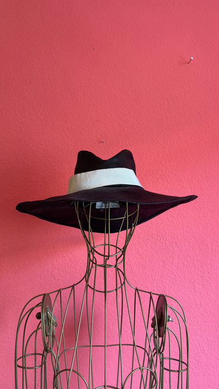Vintage 1980s Black Wide Brim Straw Hat With Ivory Band