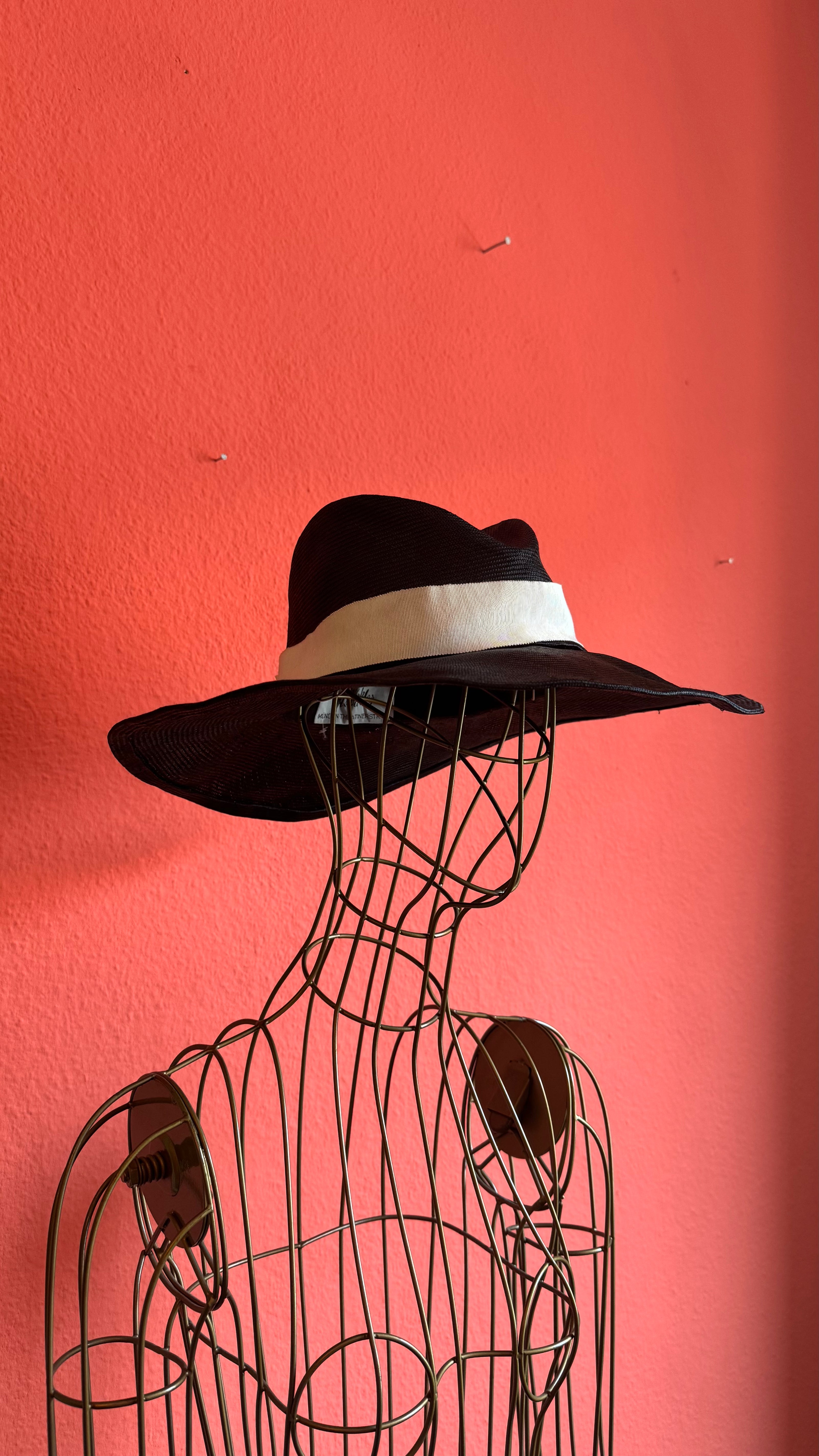 Vintage 1980s Black Wide Brim Straw Hat With Ivory Band