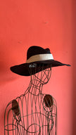 Vintage 1980s Black Wide Brim Straw Hat With Ivory Band