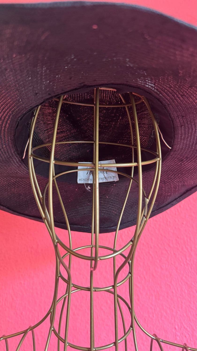 Vintage 1980s Black Wide Brim Straw Hat With Ivory Band