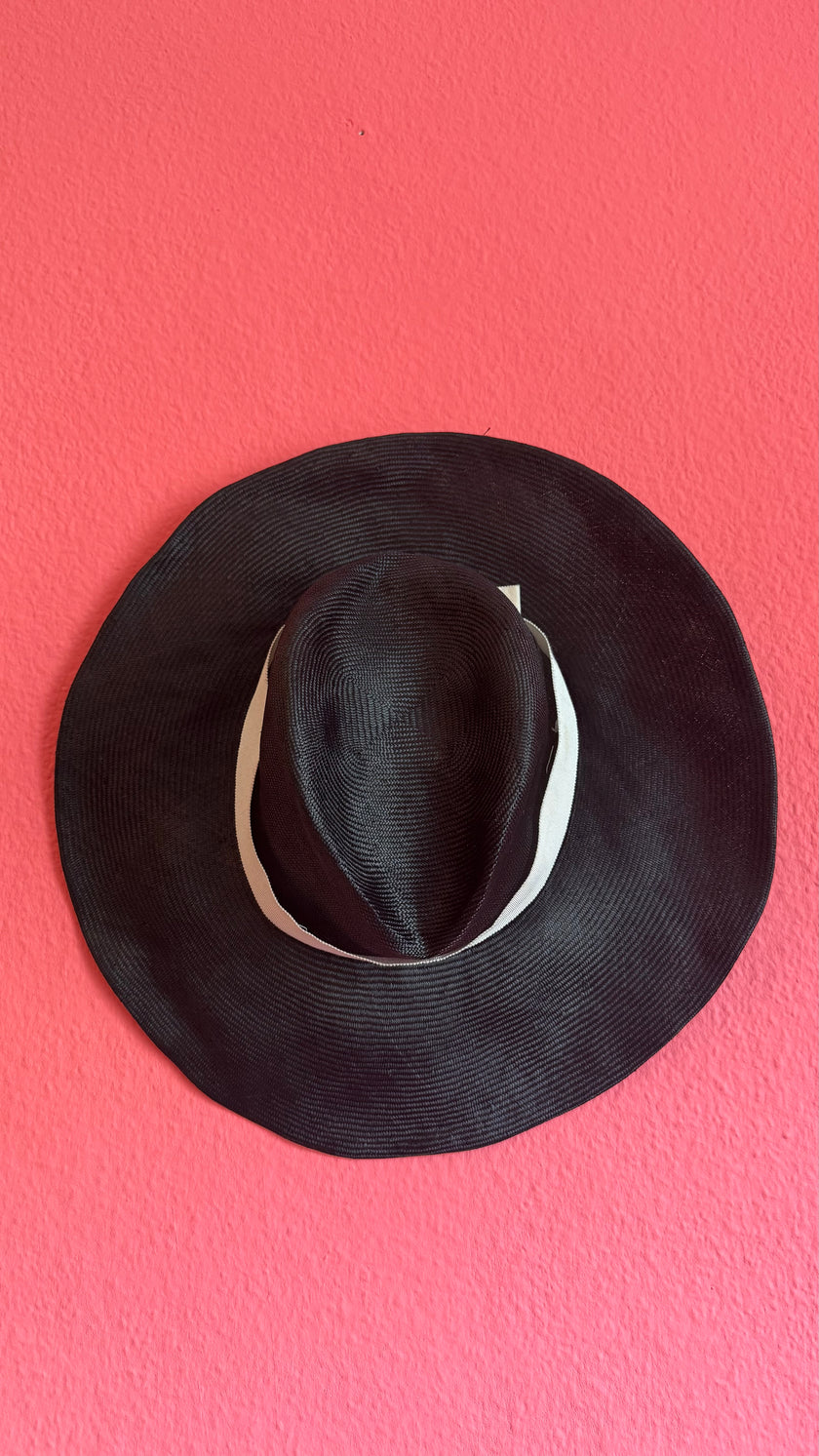 Vintage 1980s Black Wide Brim Straw Hat With Ivory Band