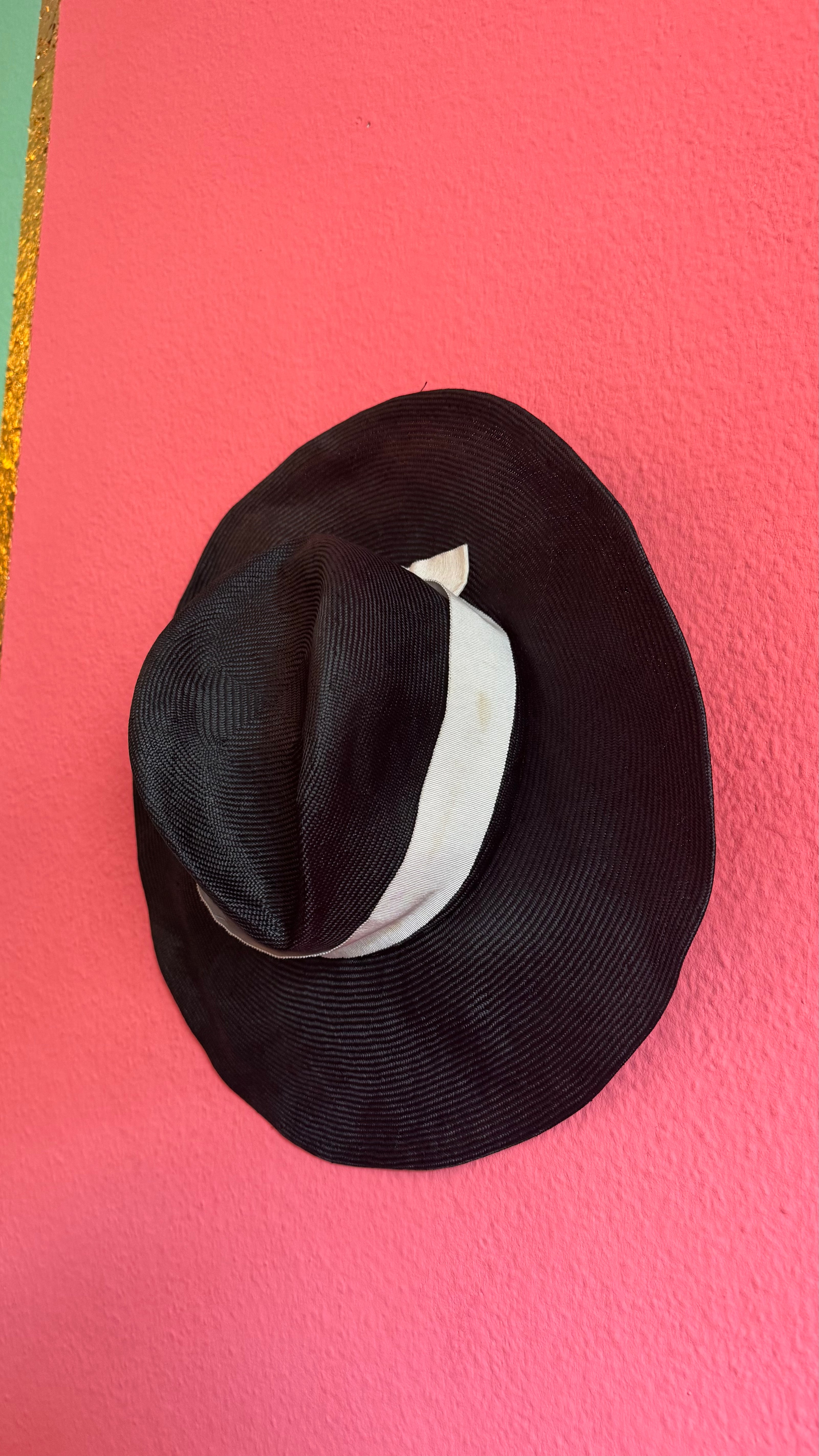 Vintage 1980s Black Wide Brim Straw Hat With Ivory Band