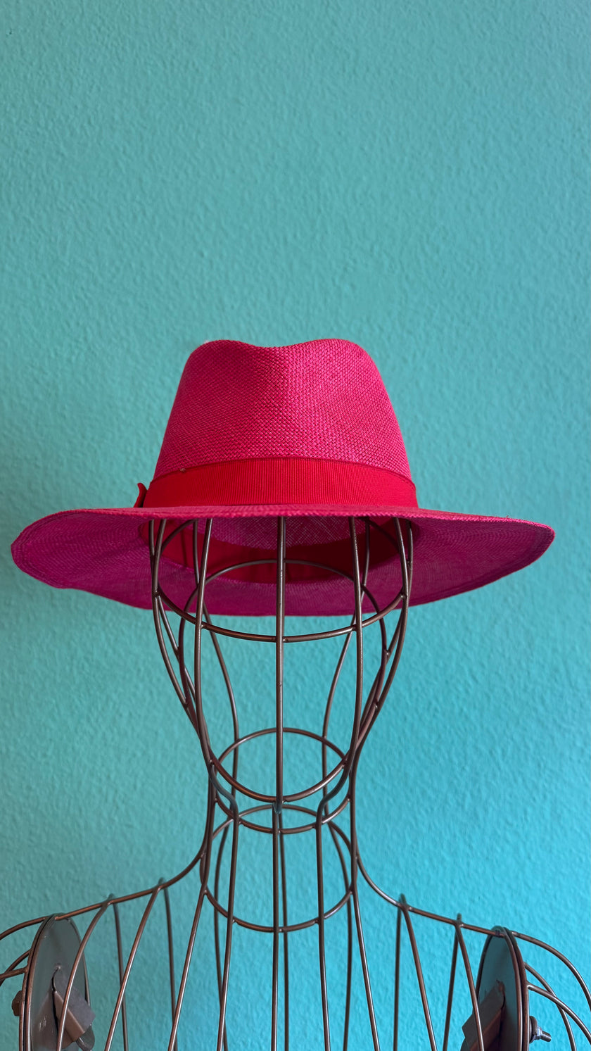 Vintage 1980s Fuchsia Wide Brim Straw Fedora Hat